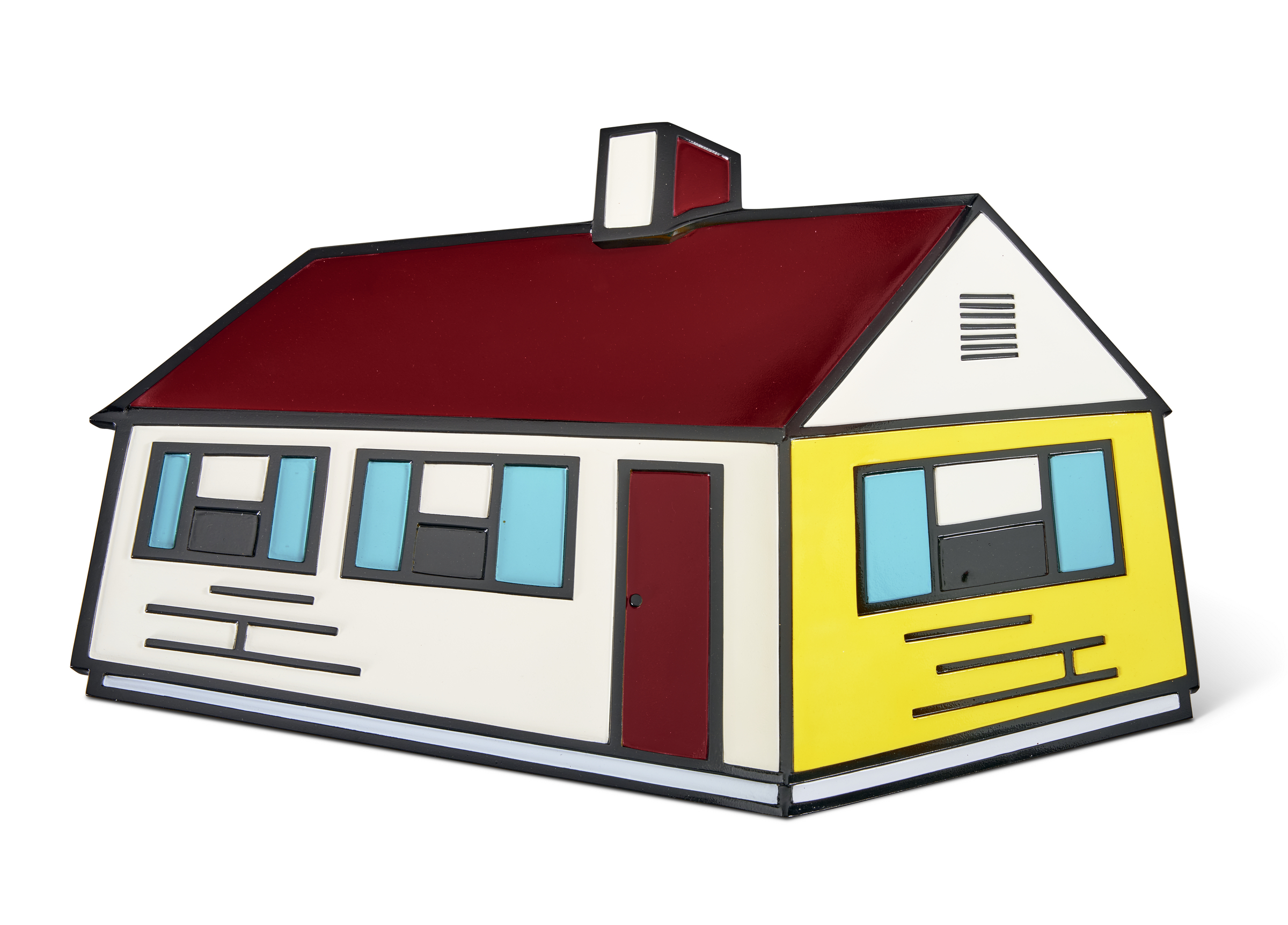 A colorful, cartoon-like model of a house with a red roof and blue windows.