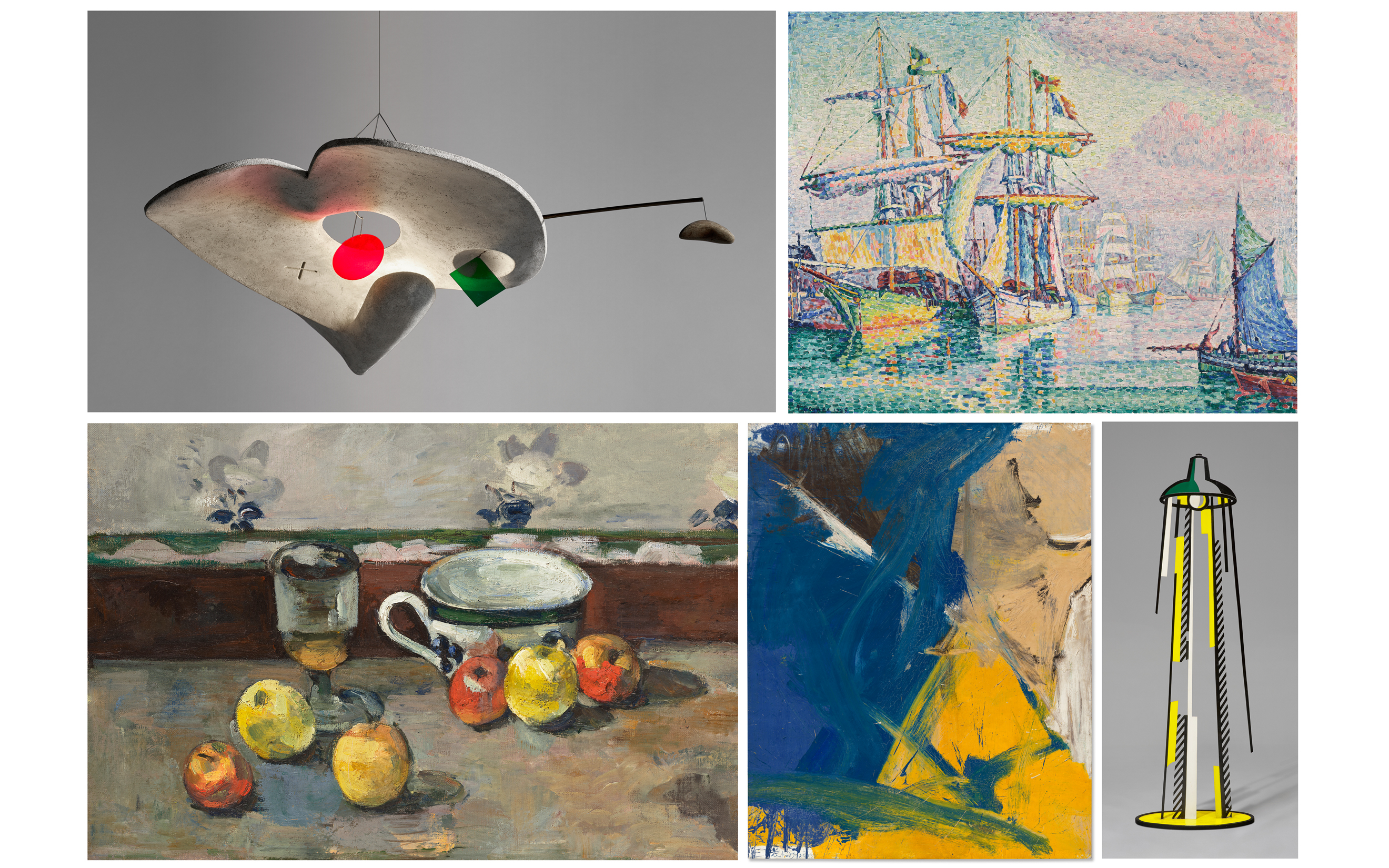 A collage features abstract art, still life, impressionist ships, and modern lamp designs.