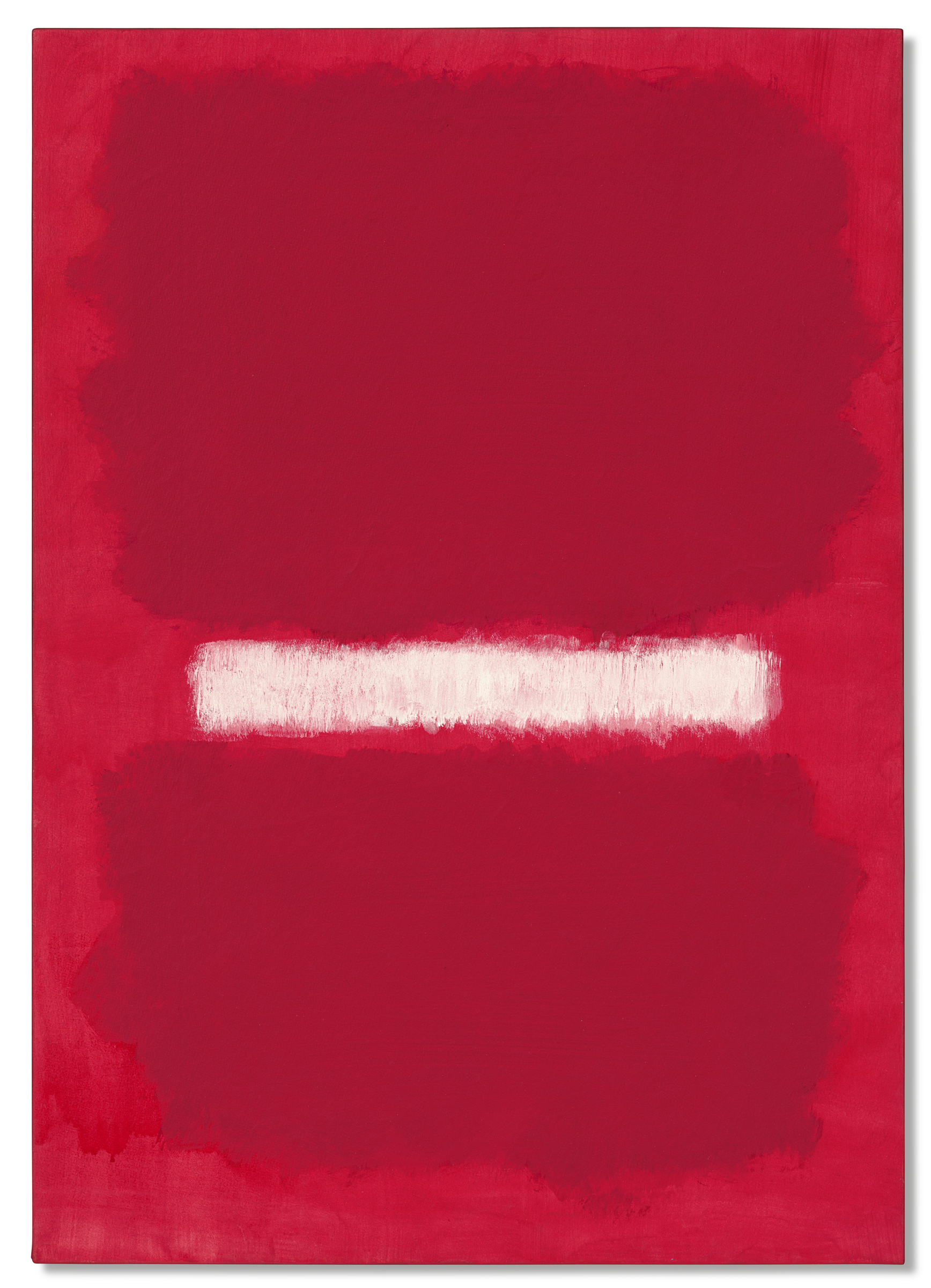 A red abstract painting with two large red rectangles and a white horizontal bar in the center.
