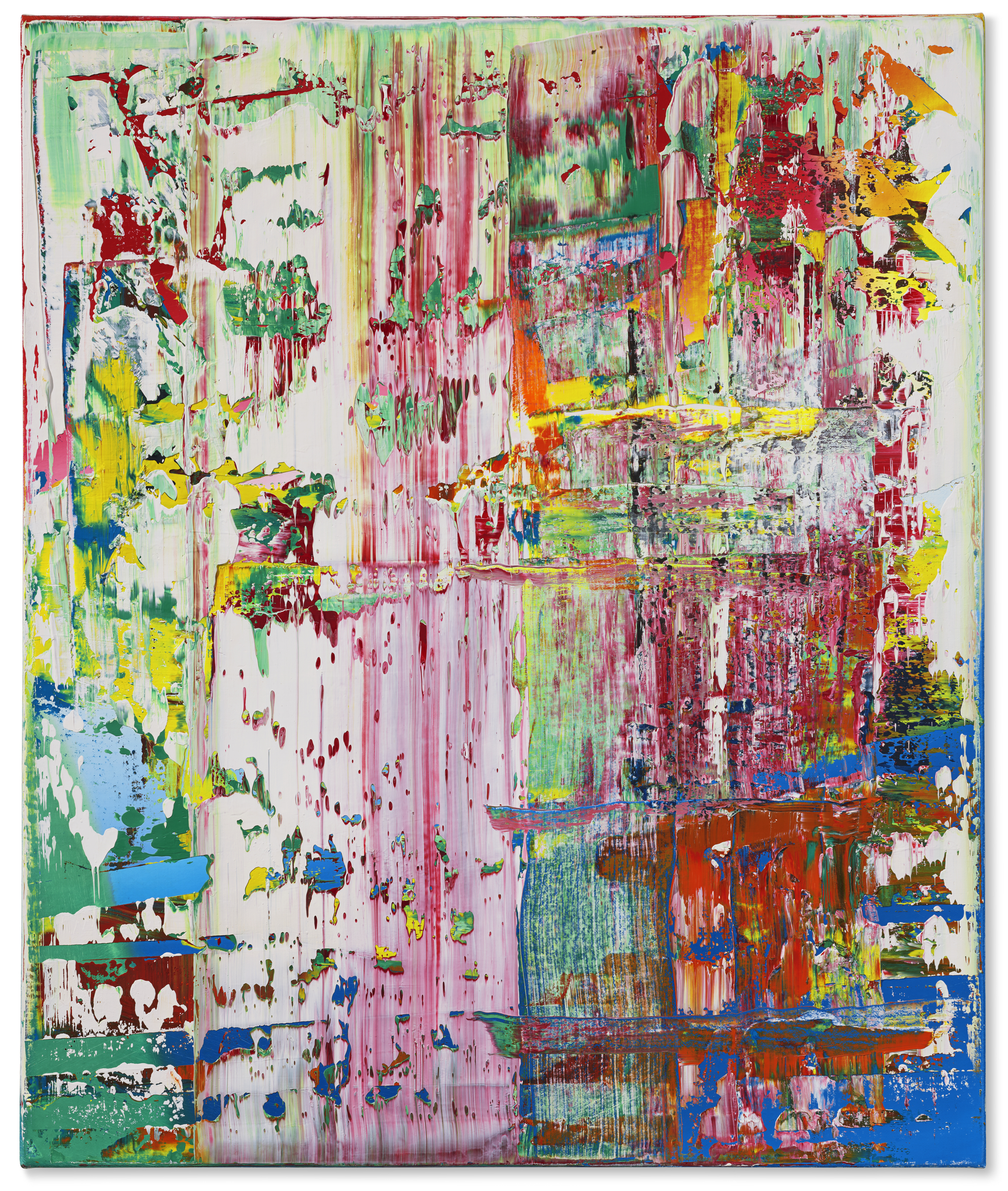 Abstract painting with layered brushstrokes in vibrant reds, yellows, greens, blues, and white.