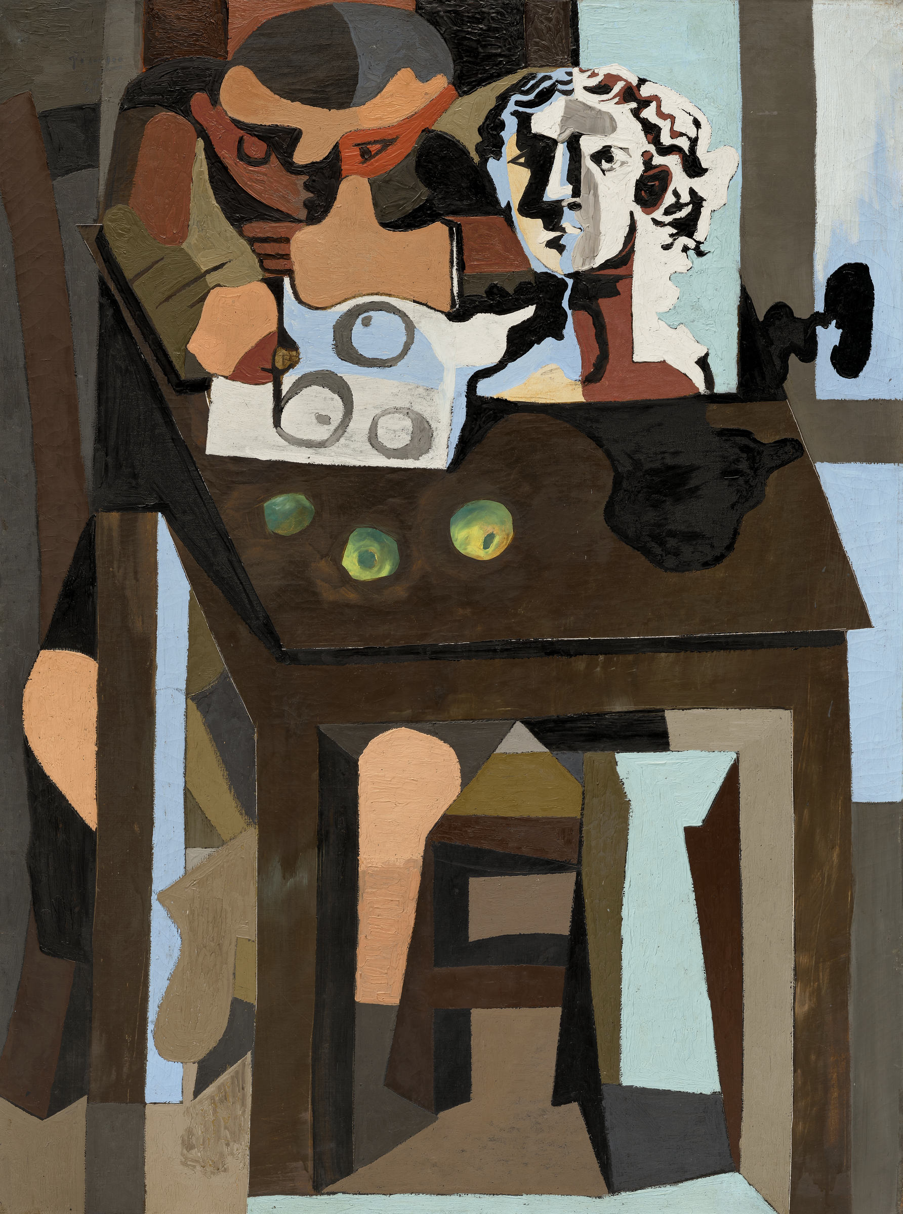 A cubist painting depicts a figure drawing at a table with fruit and a sculpted bust.