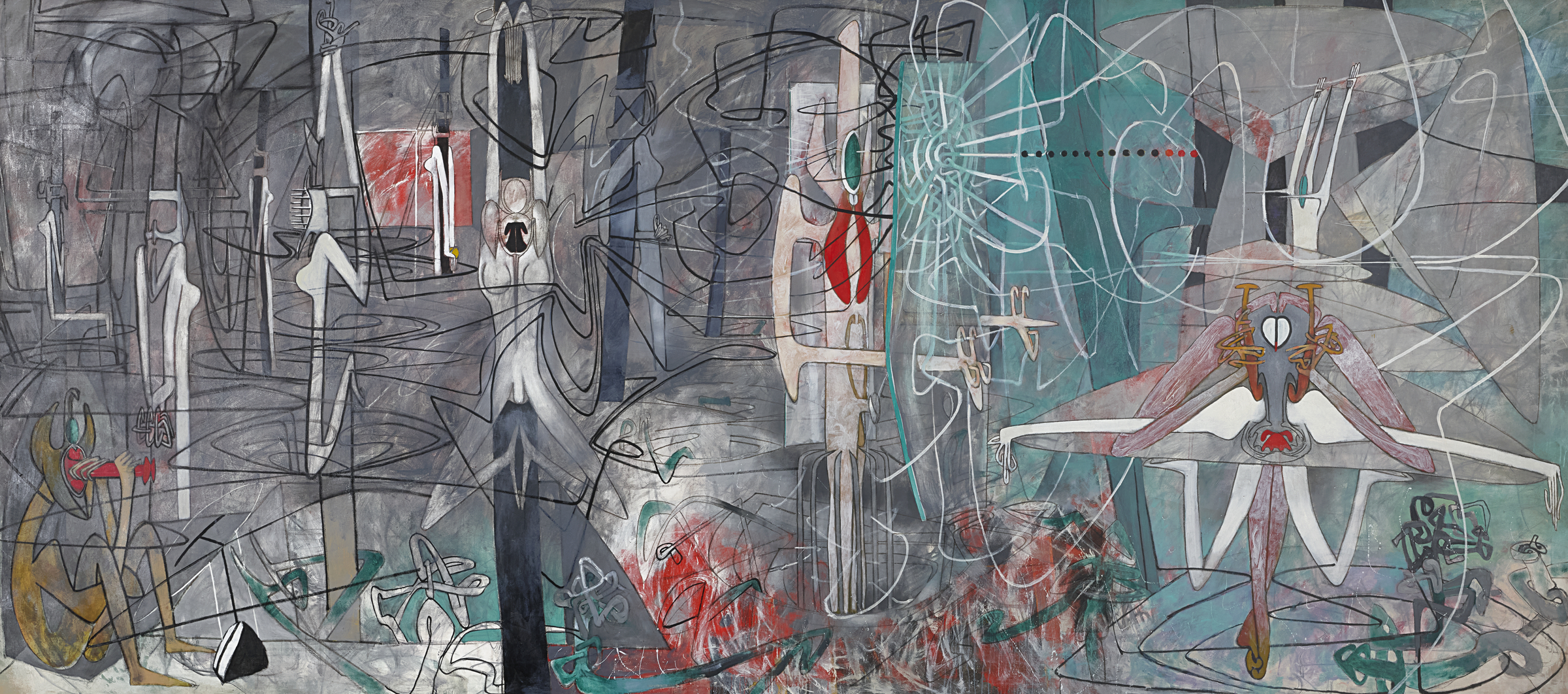 An abstract painting with surreal, elongated figures, chaotic lines, and muted earth tones.