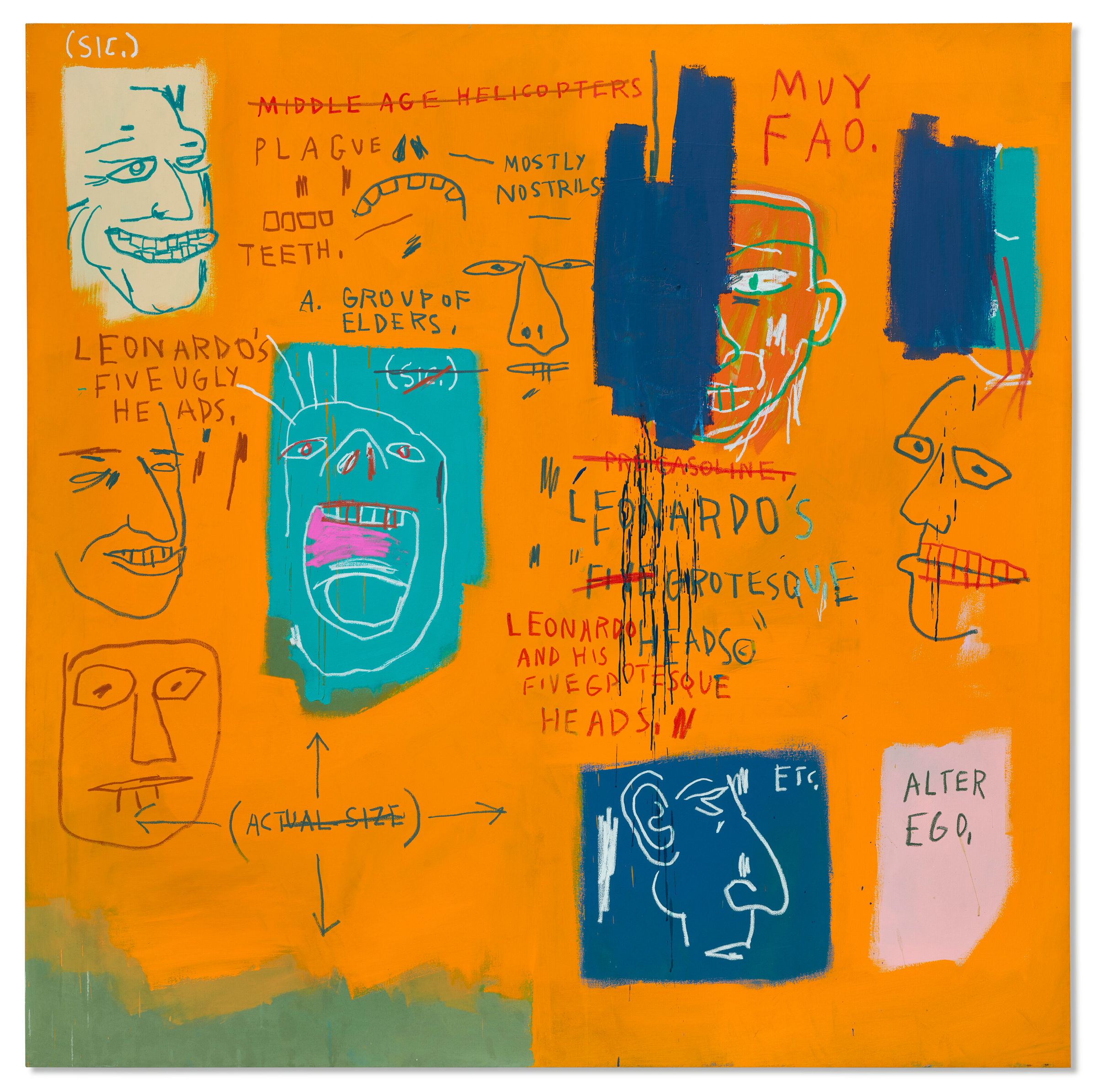 An abstract artwork featuring crude sketches of faces, handwritten text, and bold orange and blue colors.