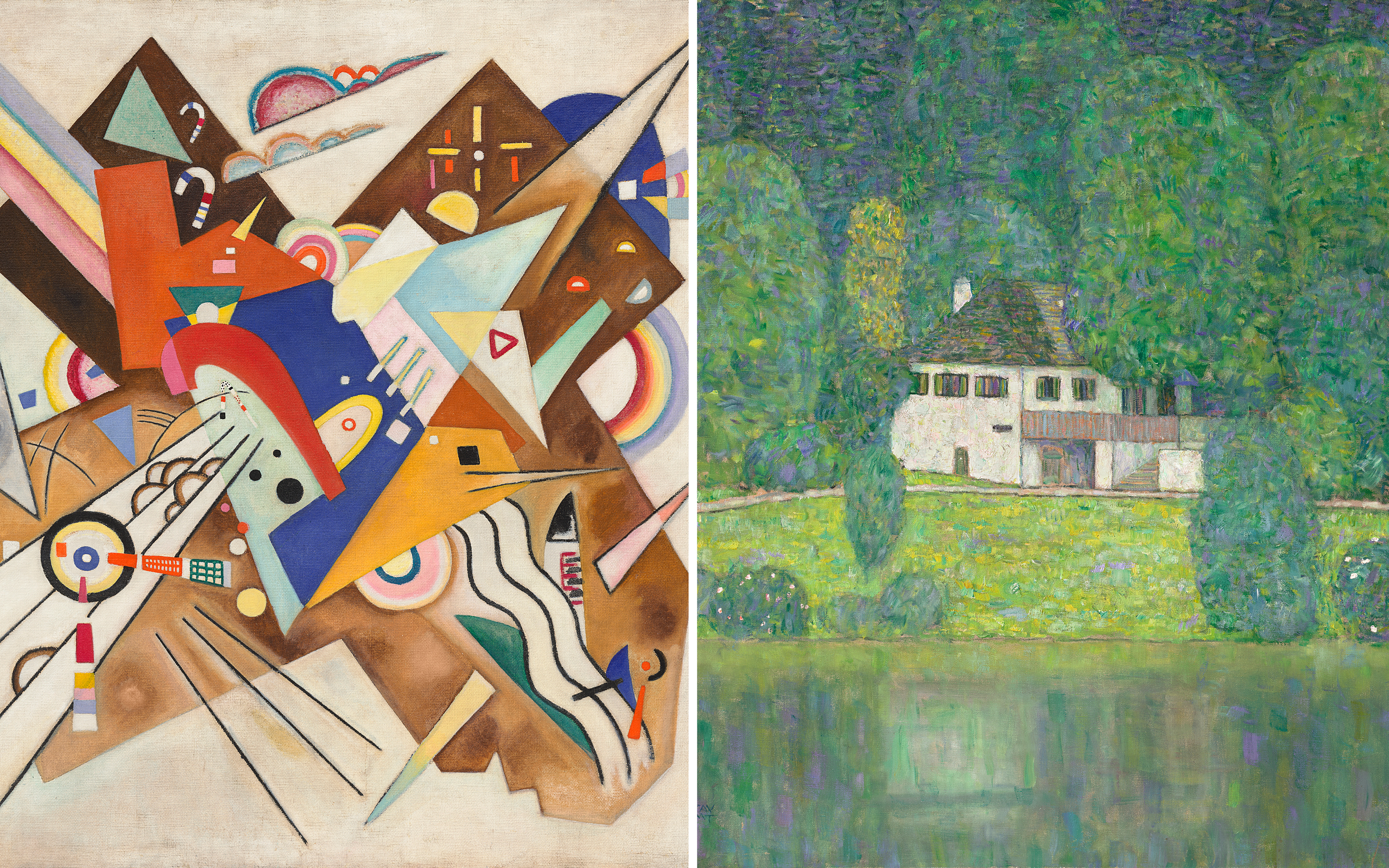 The image shows an abstract geometric painting on the left and a landscape with a house on the right.