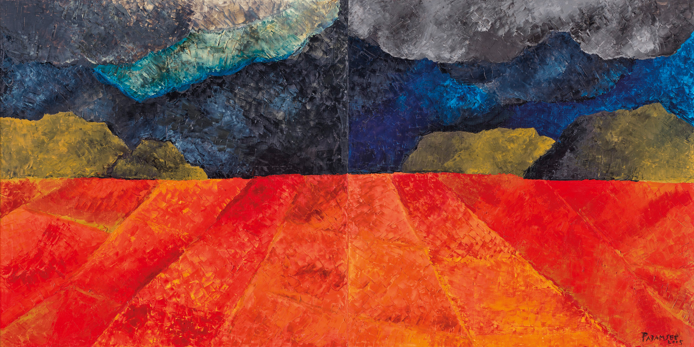 Akbar Padamsee (1928-2020), Untitled (Mirror Image), 2005. Oil on canvas; diptych. 48 x 96 in (121.9 x 243.8 cm). Estimate: $600,000-800,000. Offered in South Asian Modern + Contemporary Art on 22 September 2021 at Christie&rsquo;s in New York 