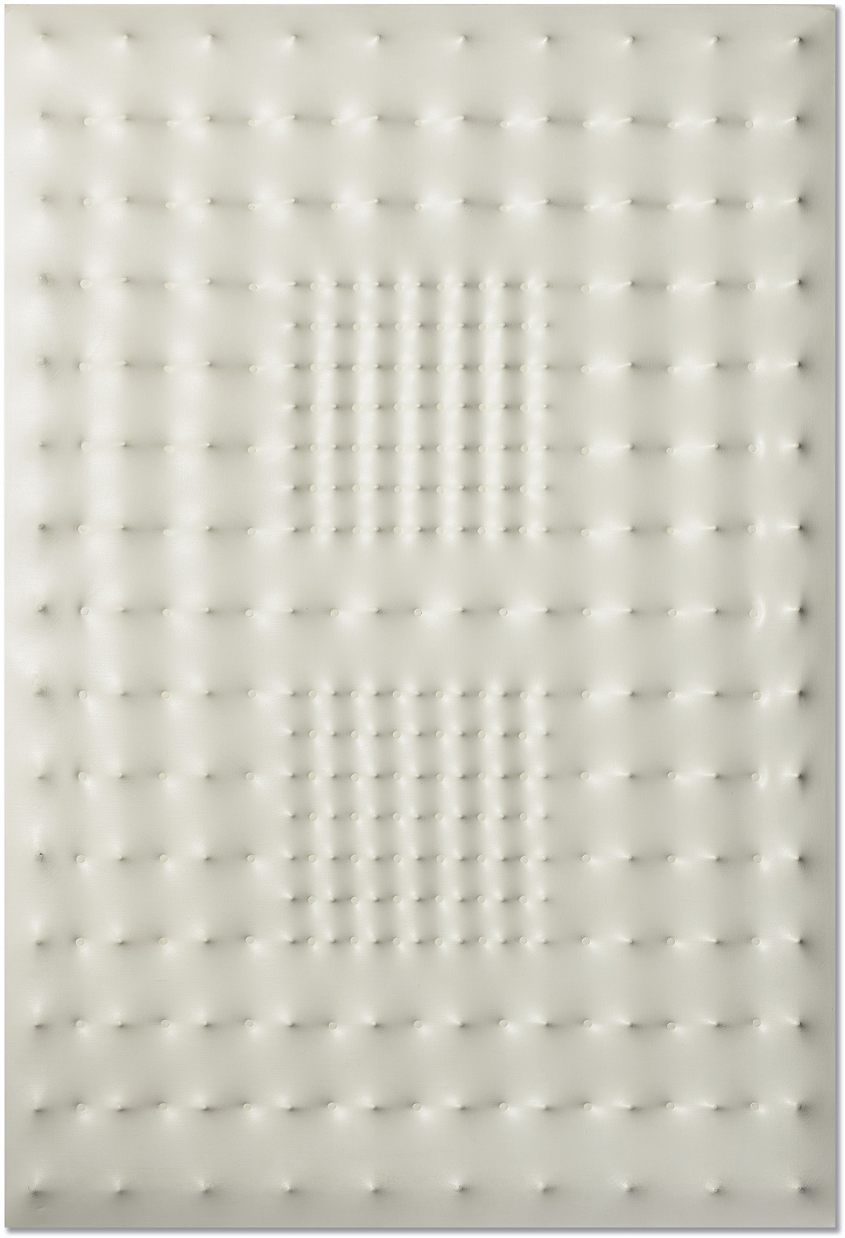 Enrico Castellani, Superficie bianca, 1965. Acrylic on shaped canvas. 47¼ x 31½ in (120 x 80 cm). Estimate: €300,000-500,000. Offered in Collection Gerard Valkier: A lifetime journey with art. on 20 October 2021 at Christie’s in Paris