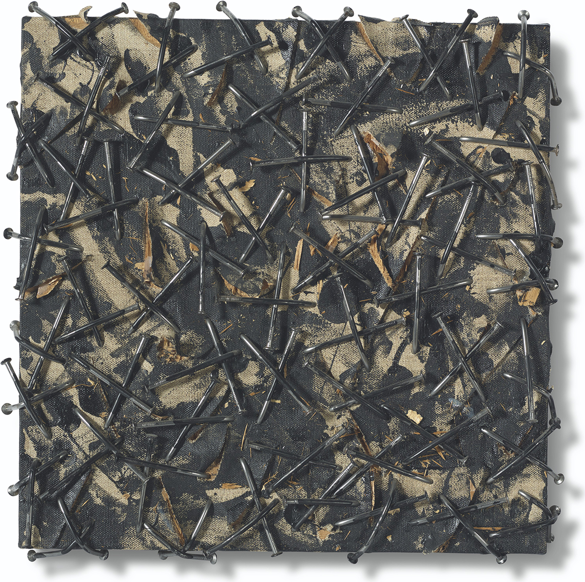 G&uuml;nther Uecker (b. 1930), Verletztingen Verbindungen 3, 2007. Glue, black acrylic, paint, nails, linen canvas on plywood panel. 43 x 43 x 7 cm. Sold for &euro;100,000 on 20 October 2021 at Christie&rsquo;s in Paris. Artwork: &copy; G&uuml;nther Uecker. All rights reserved. DACS 2022