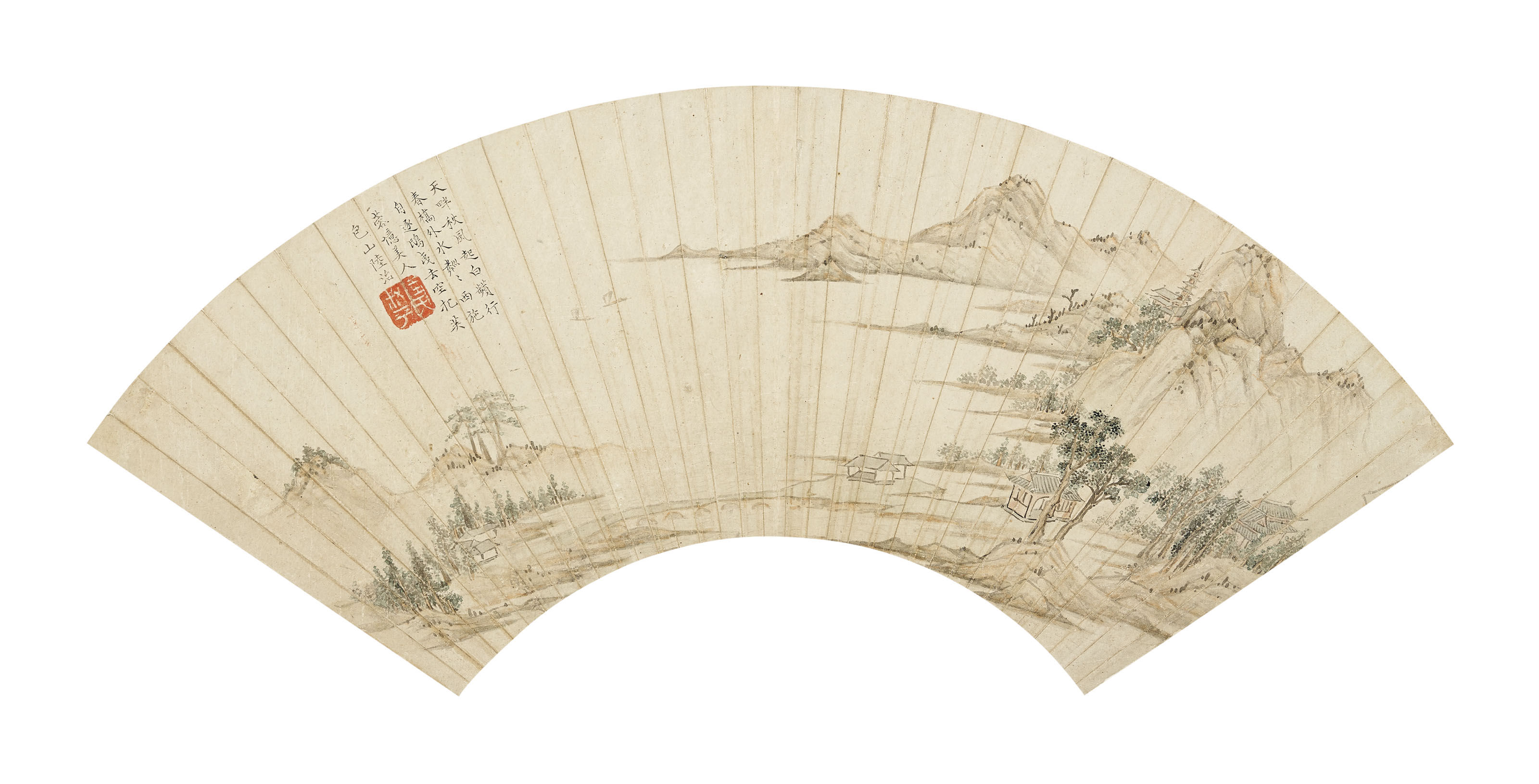折扇：明 陆治，《春山帆影》，设色金笺 扇面镜框，16.5 x 50公分（6 &frac12; x 19 ⅝ 吋）。估价：120,000-200,000港元。将于2020年12月2日佳士得香港中国古代书画拍卖中呈献