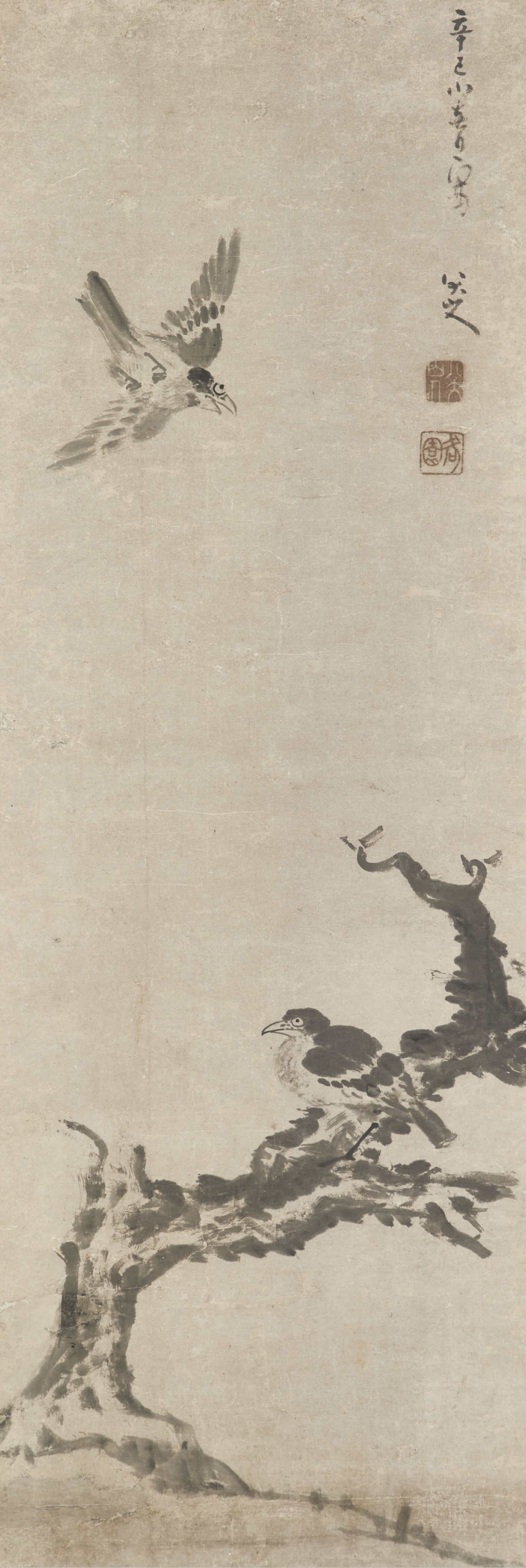 清 八大山人，《枯木双禽》，水墨纸本 立轴，127.5 x 43.2公分（50 &frac14; x 17吋），1701年作。估价：5,000,000-7,000,000港元。将于2020年12月2日佳士得香港中国古代书画拍卖中呈献