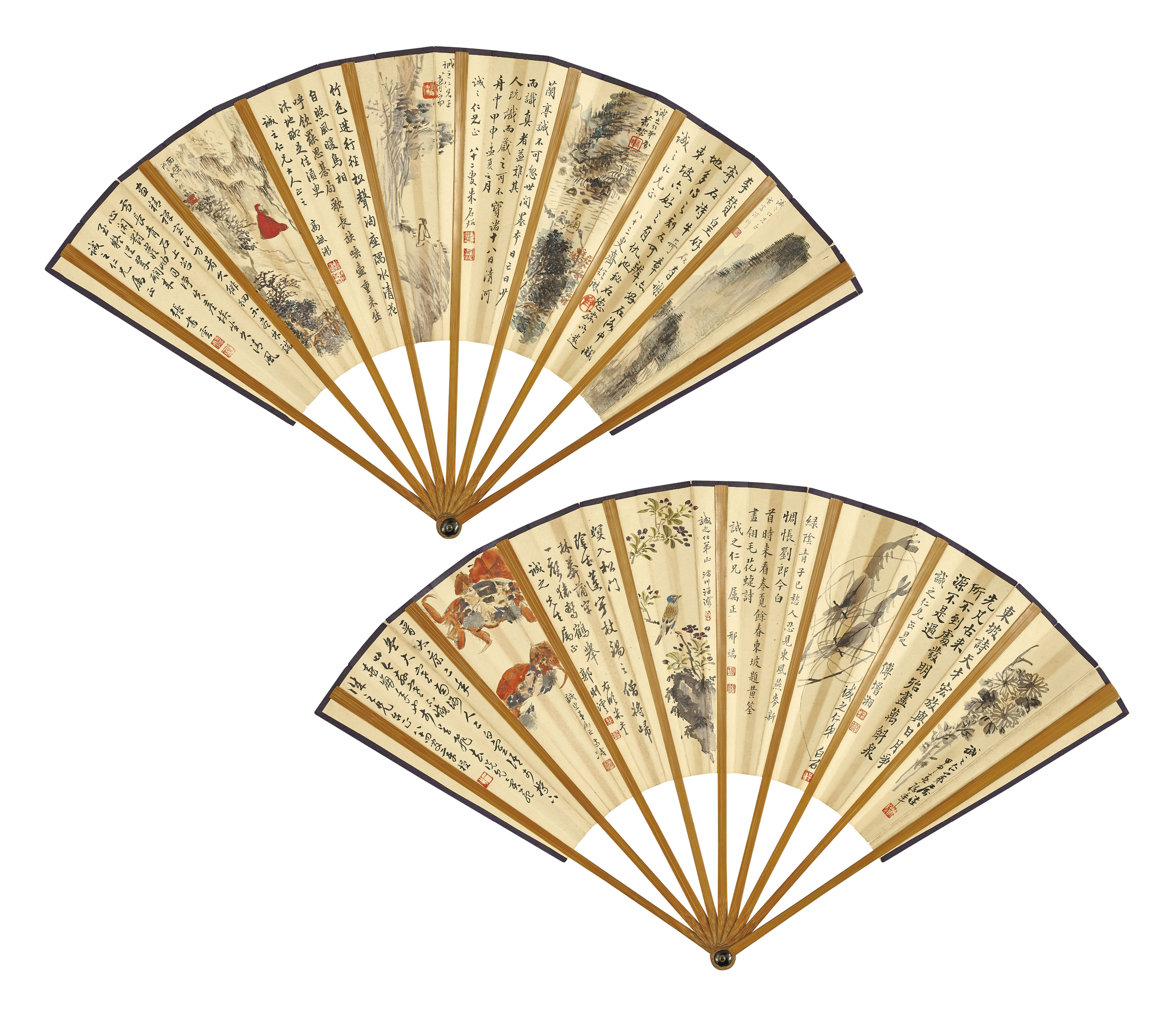 成扇：齐白石、溥儒及诸家，《山水人物花鸟水族》，设色纸本 成扇，17.5 x 49公分（6 ⅞ x 19 &frac14; 吋），1944年作。估价：60,000-80,000港元。将于2020年12月1日佳士得香港中国近现代及当代书画拍卖中呈献