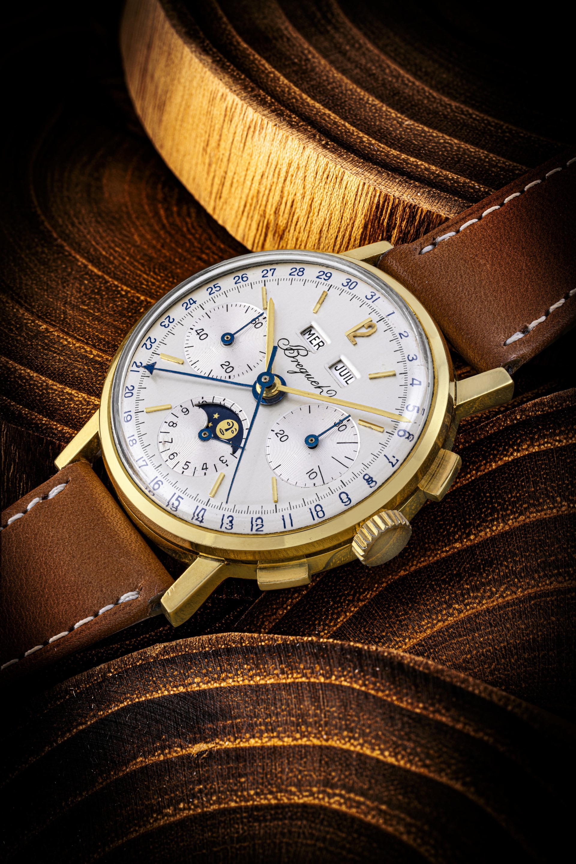 Breguet, no. 576 triple calendar chronograph wristwatch with moon phases, 1972, offered in The OAK Collection Part Ion 26 November 2023 at Christie's in Hong Kong