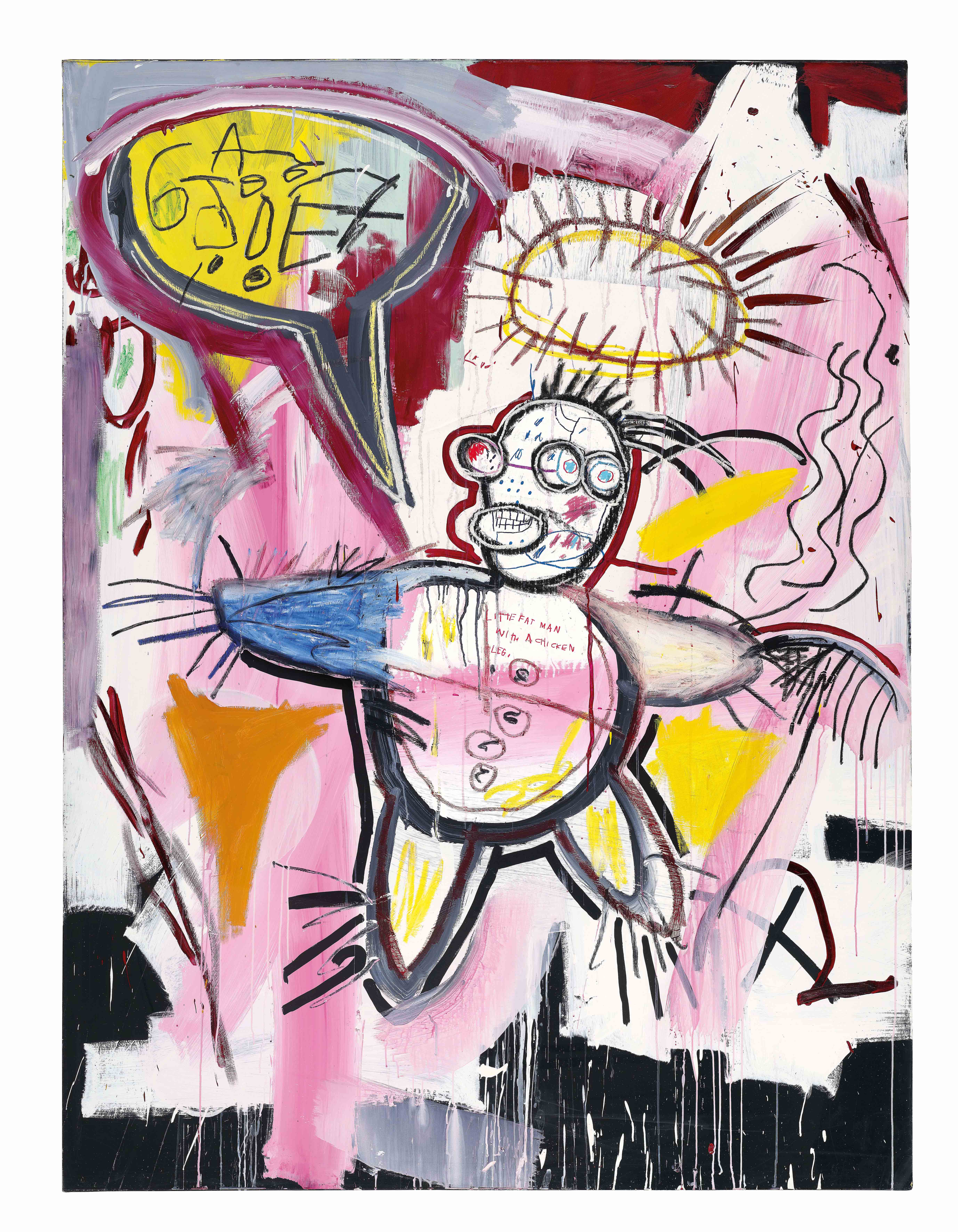 尚&middot;米榭&middot;巴斯奇亚（1960-1988），《Donut复仇》，1982年作。压克力 彩色油画棒 彩色蜡笔 纸本拼贴于画布。234.2 x 182.2公分（95&nbsp;&frac34; x 72&nbsp;&frac34;英寸）。估价：140,000,000 - 190,000,000港元。此作将于12月1日在佳士得香港二十及二十一世纪艺术晚间拍卖呈献