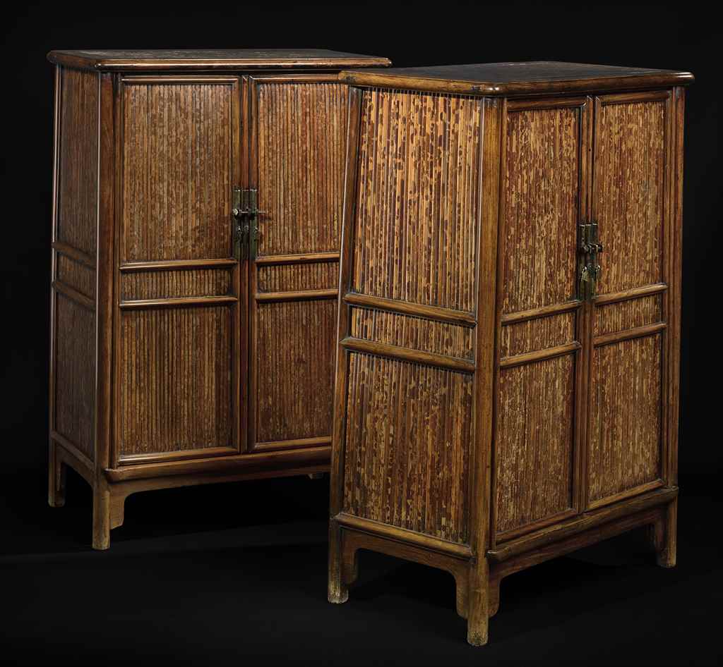 A rare pair of huanghuali and  spotted bamboo scholar’s cabinets, yuanjiaogui. 17th century. Estimate: $2,800,000–3,200,000.  To be offered in The Flacks Family Collection: A Very  Personal Selection, 16 September at Christie’s New York