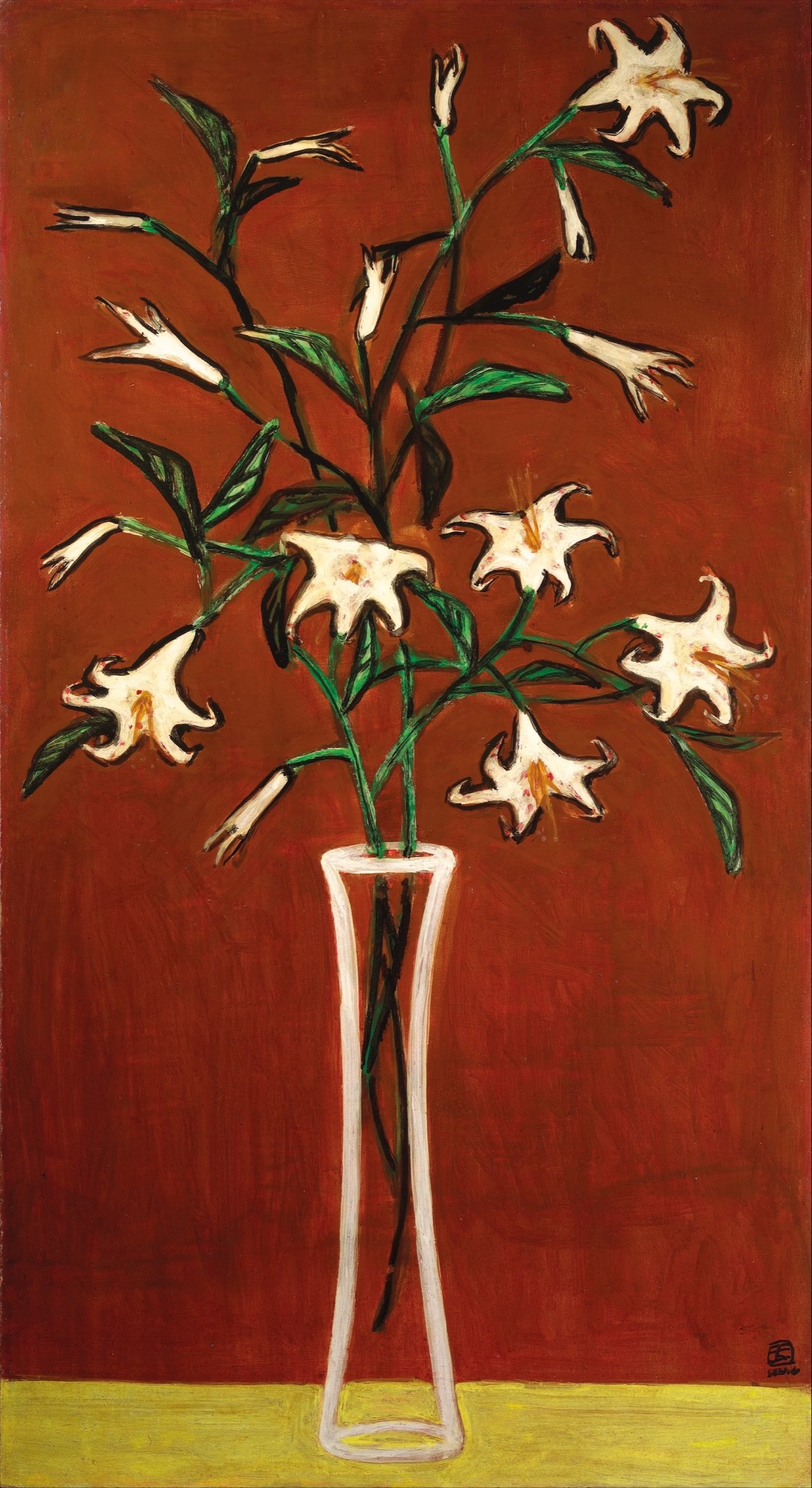 常玉(1895-1966),《紅色背景的百合花》。油彩 纖維板。91 x 50 公分(35 ⅞ x 19 ⅝ 英寸)。1940年代作。估價:港元100,000,000-150,000,000。此作將於12月1日在佳士得香港二十及二十一世紀藝術晚間拍賣:藝行者中呈獻