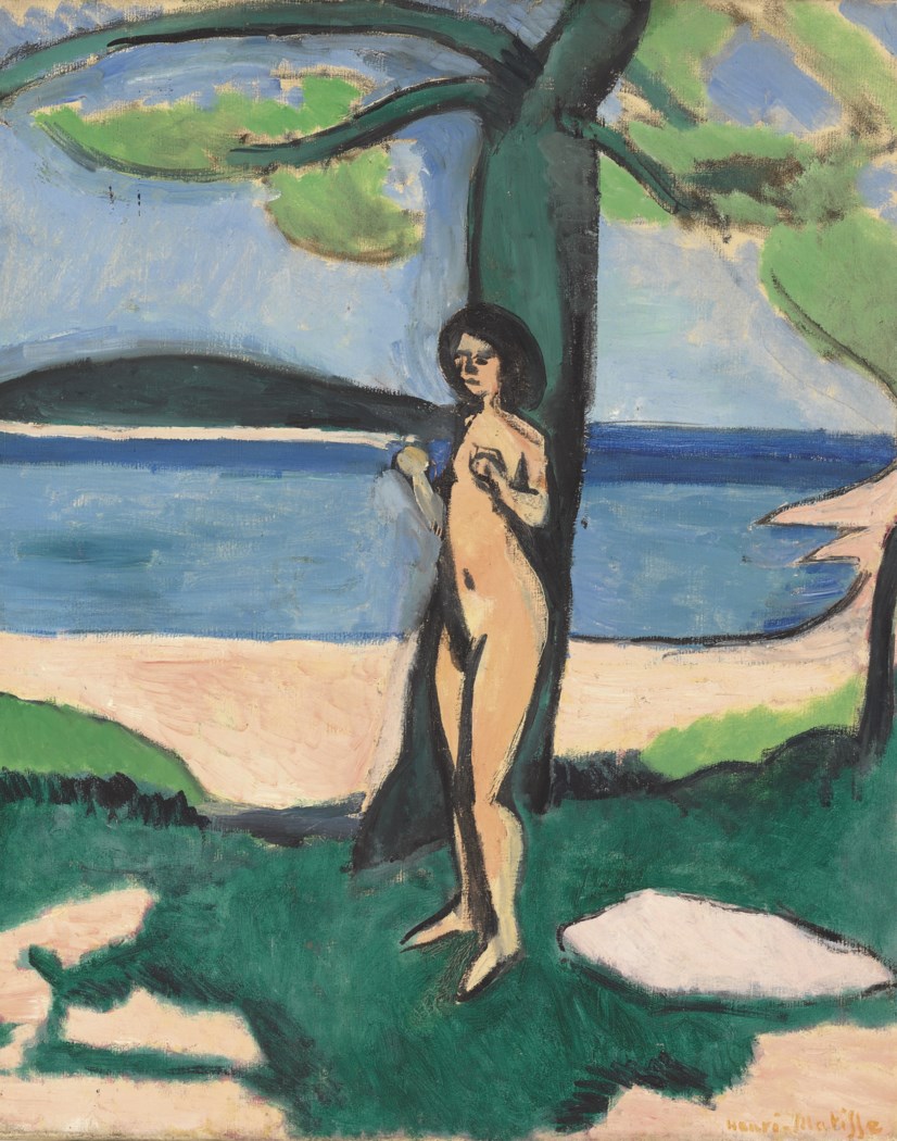 Expressionist-style painting depicting a nude figure standing by the sea under a tree with vibrant greenery and blue waters.