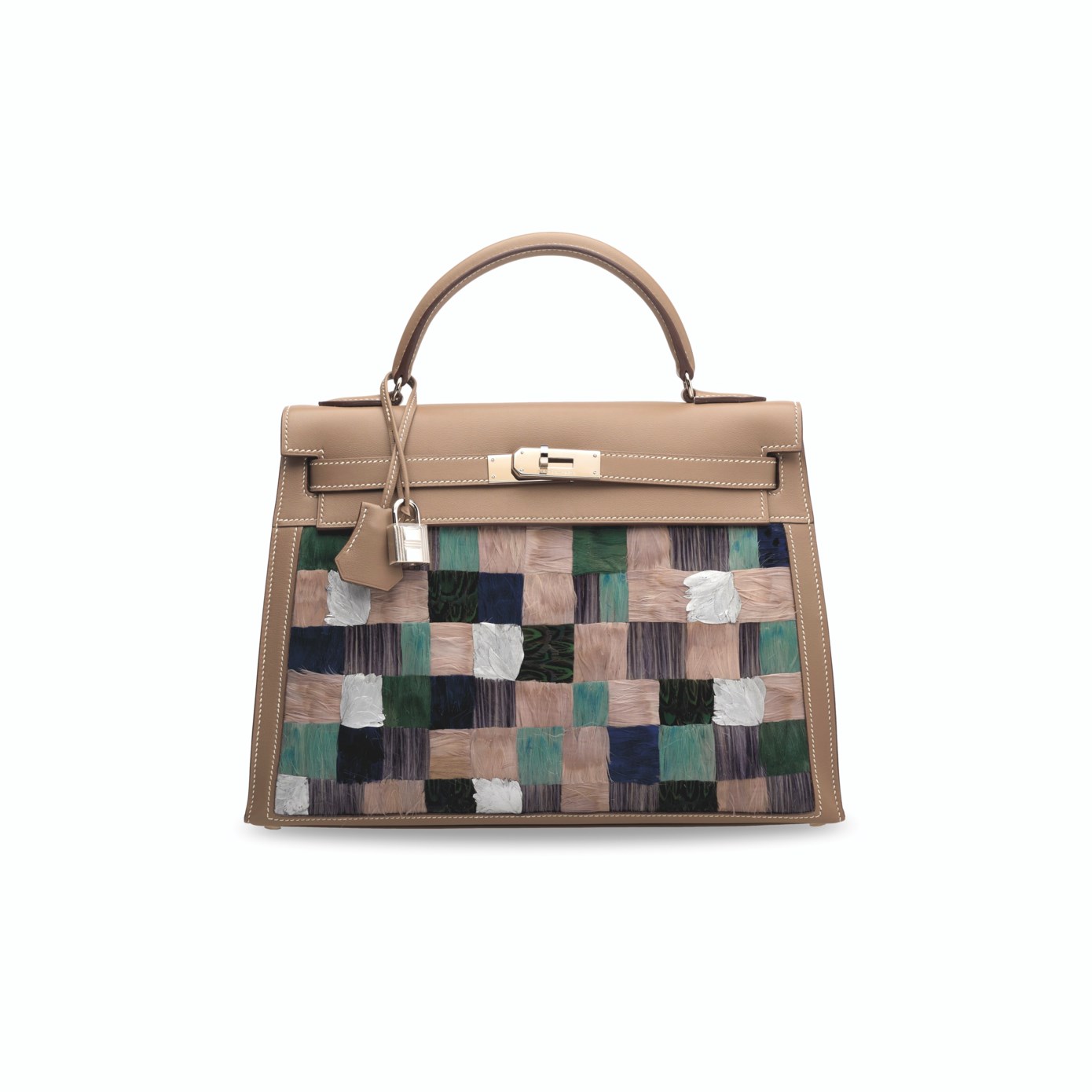 A beige handbag with a top handle and a multicolored checkered pattern on the front.