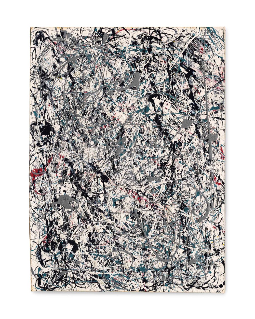 An abstract painting with chaotic splatters and drips of black, grey, white, and red paint.