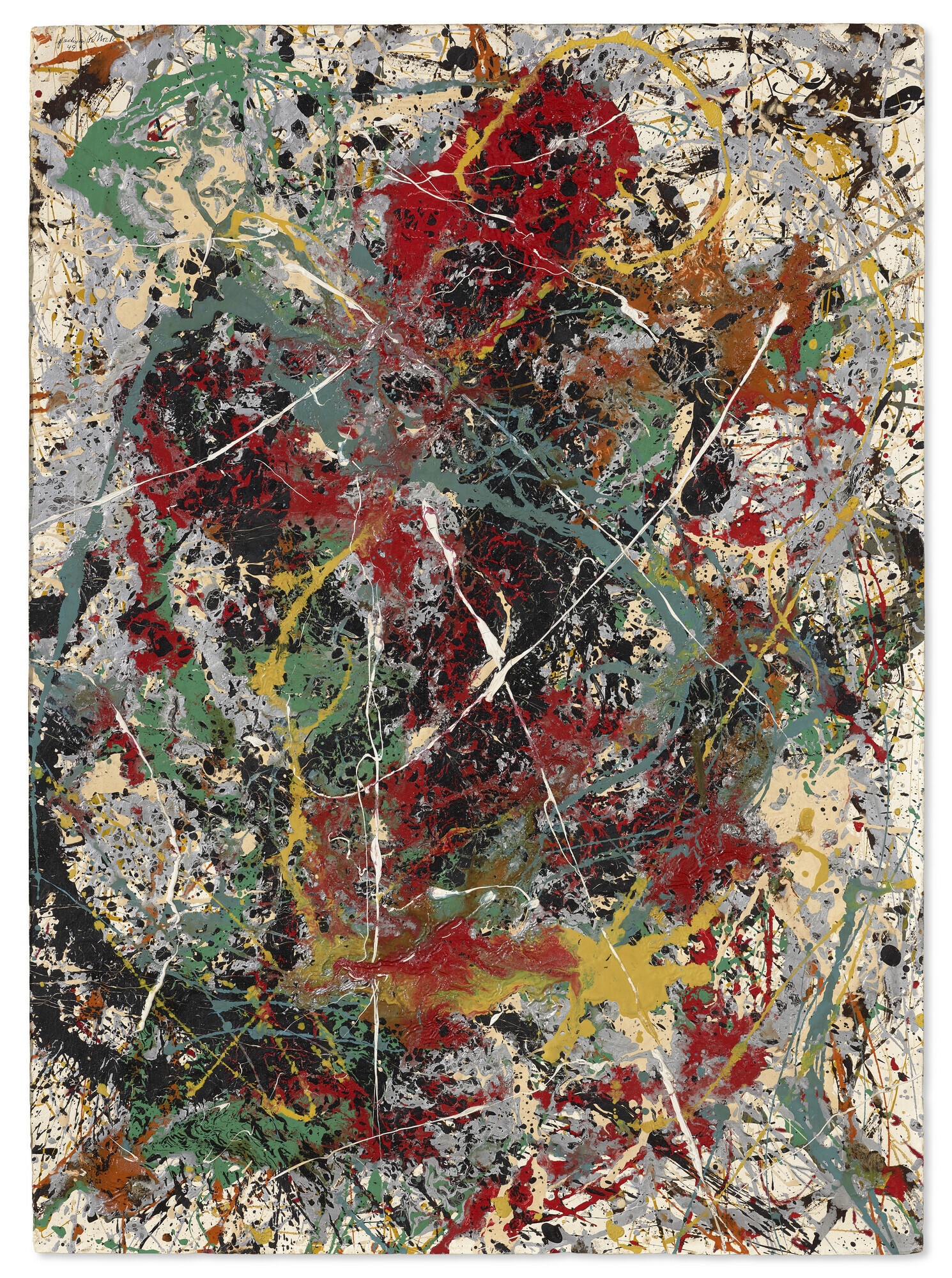 An abstract painting with energetic splashes of red, yellow, black, green, and white paints.