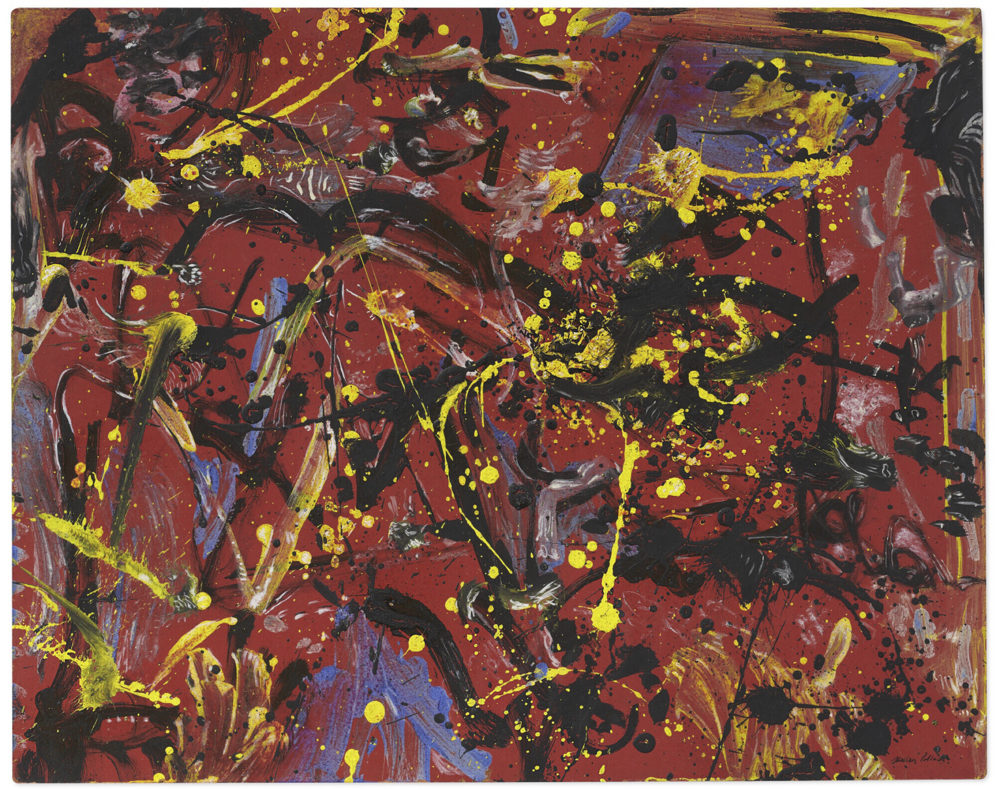Abstract painting with a red background and splatters of yellow, black, and purple paint.