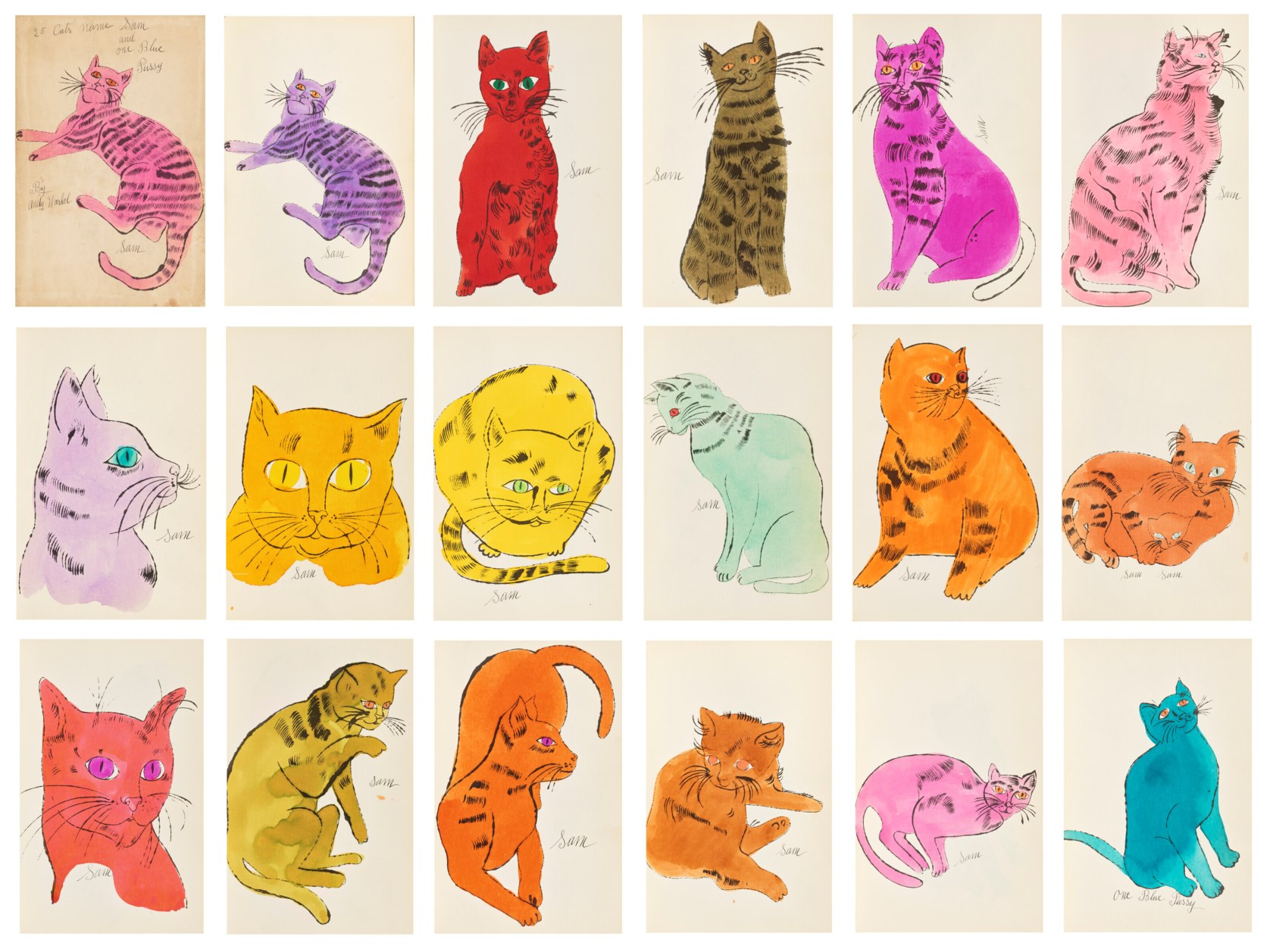 A grid of colorful, stylized cat illustrations in various poses and bright hues.