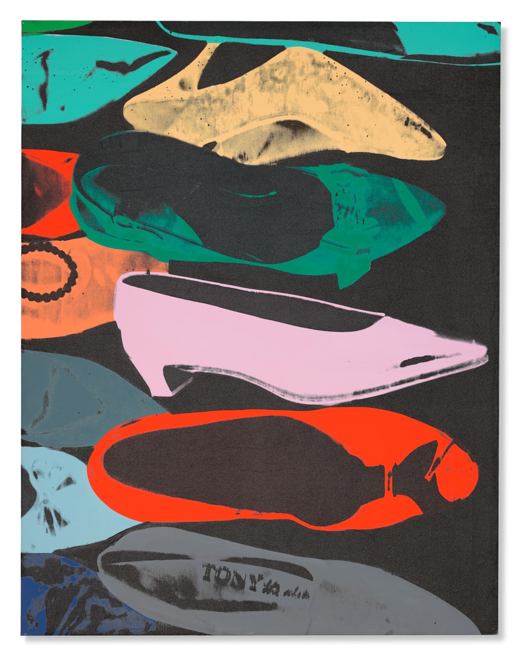 The image shows a colorful pop art depiction of various shoes arranged in overlapping rows.