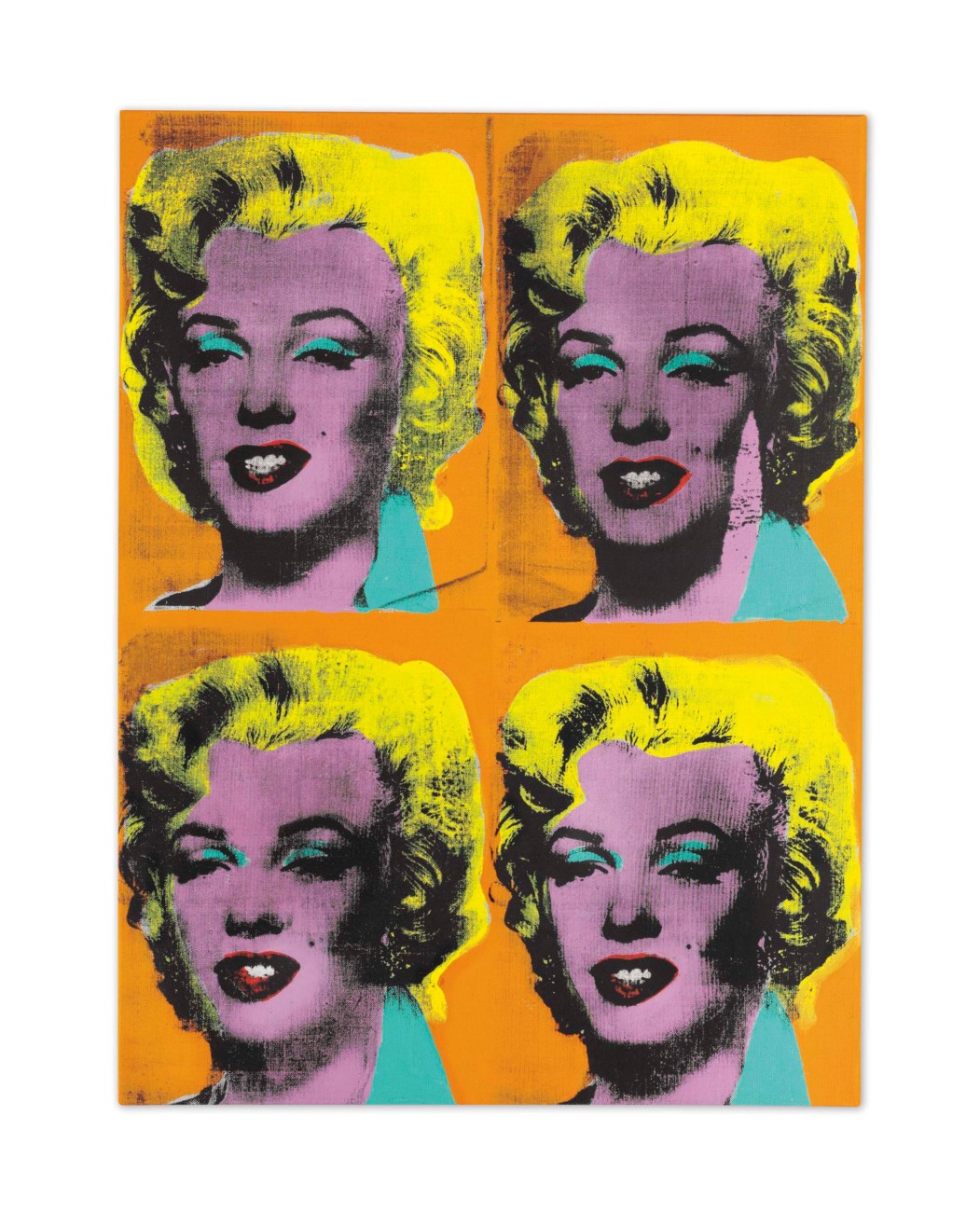Four pop art portraits with bright yellow hair and an orange background are arranged in a grid.