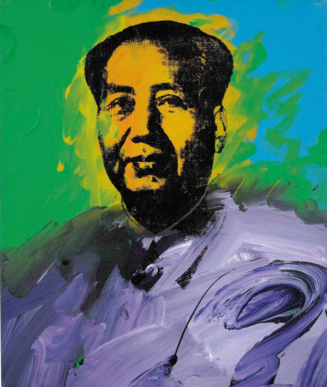 A colorful abstract painting features expressive green, blue, and purple brushstrokes.