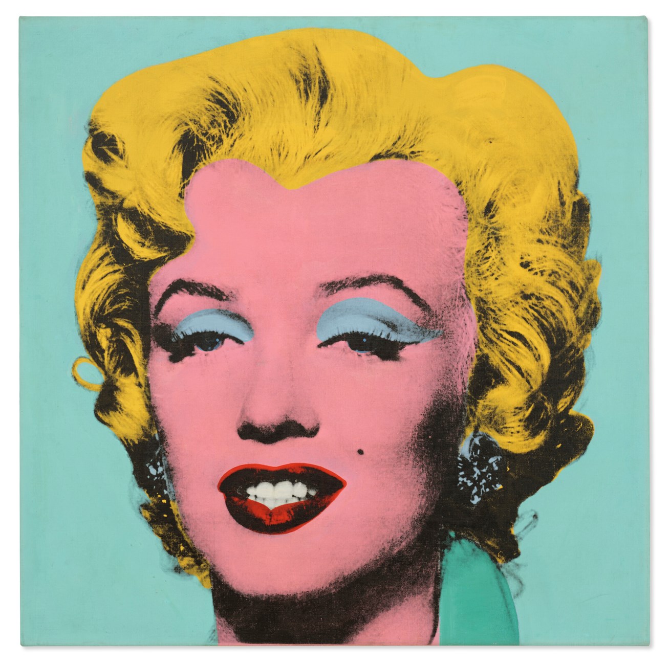 A pop art painting features bright yellow hair against a turquoise background.