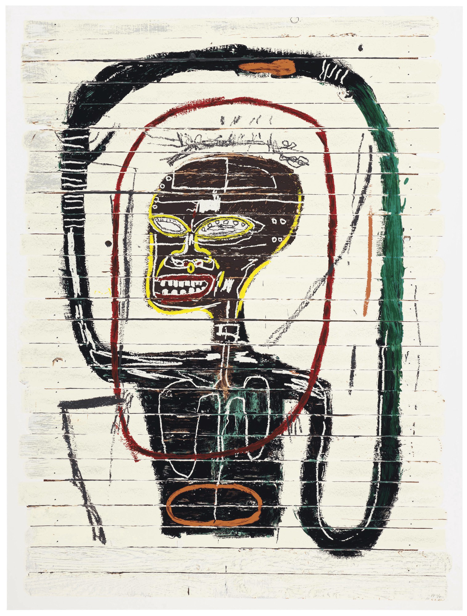 After Jean-Michel Basquiat (1960-1988), Screenprint in colours, on museum board, signed and dated in pencil by the Basquiat Foundation administrators on a label on the reverse, numbered 'PP 1/5' (a printer's proof, the edition was 85), published by Flatiron Editions, New York. Image: 57½ x 42 in (1460 x 1067 mm). Sheet: 60⅜ x 45½ in (1533 x 1156 mm). Estimate: $40,000-60,000. This work is offered in Screen Star: Alexander Heinrici, Master Printer, 17-26 October 2017, Online