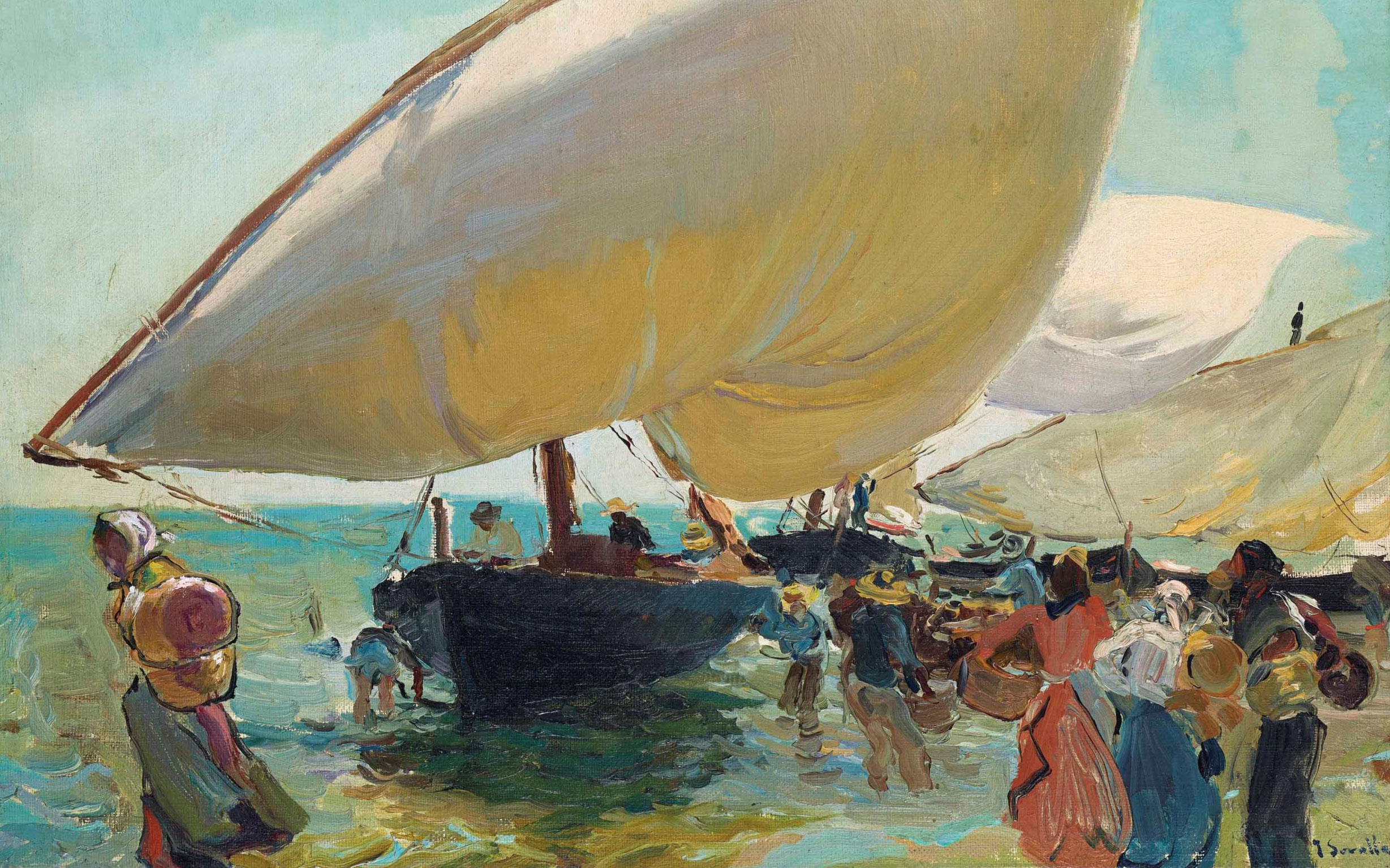 A vibrant painting depicting people and boats with large sails on a sunny beach.