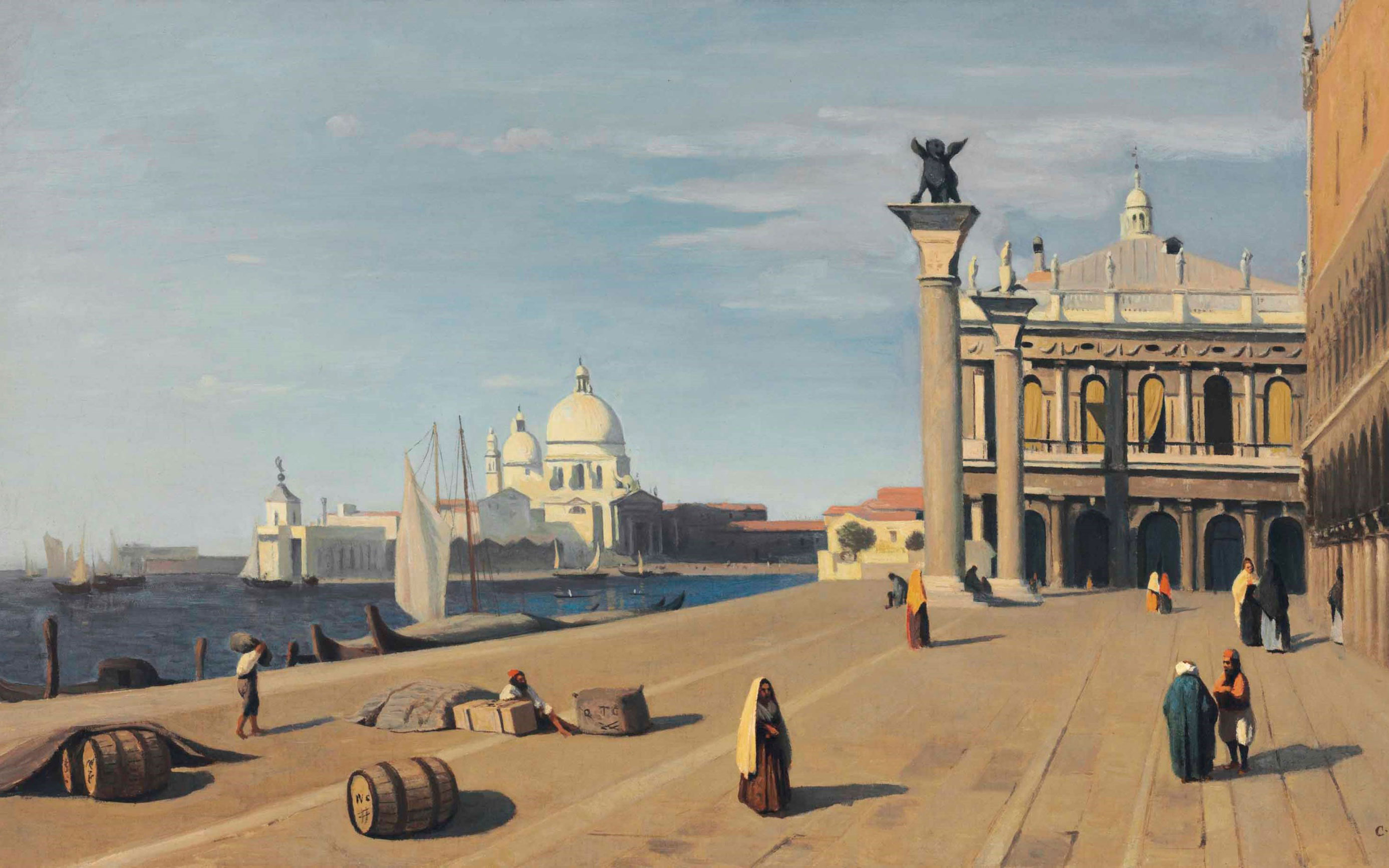 The image depicts a serene, sunlit view of a historic Venetian dockside showing people strolling and laborers with barrels, against a backdrop of iconic buildings and boats.