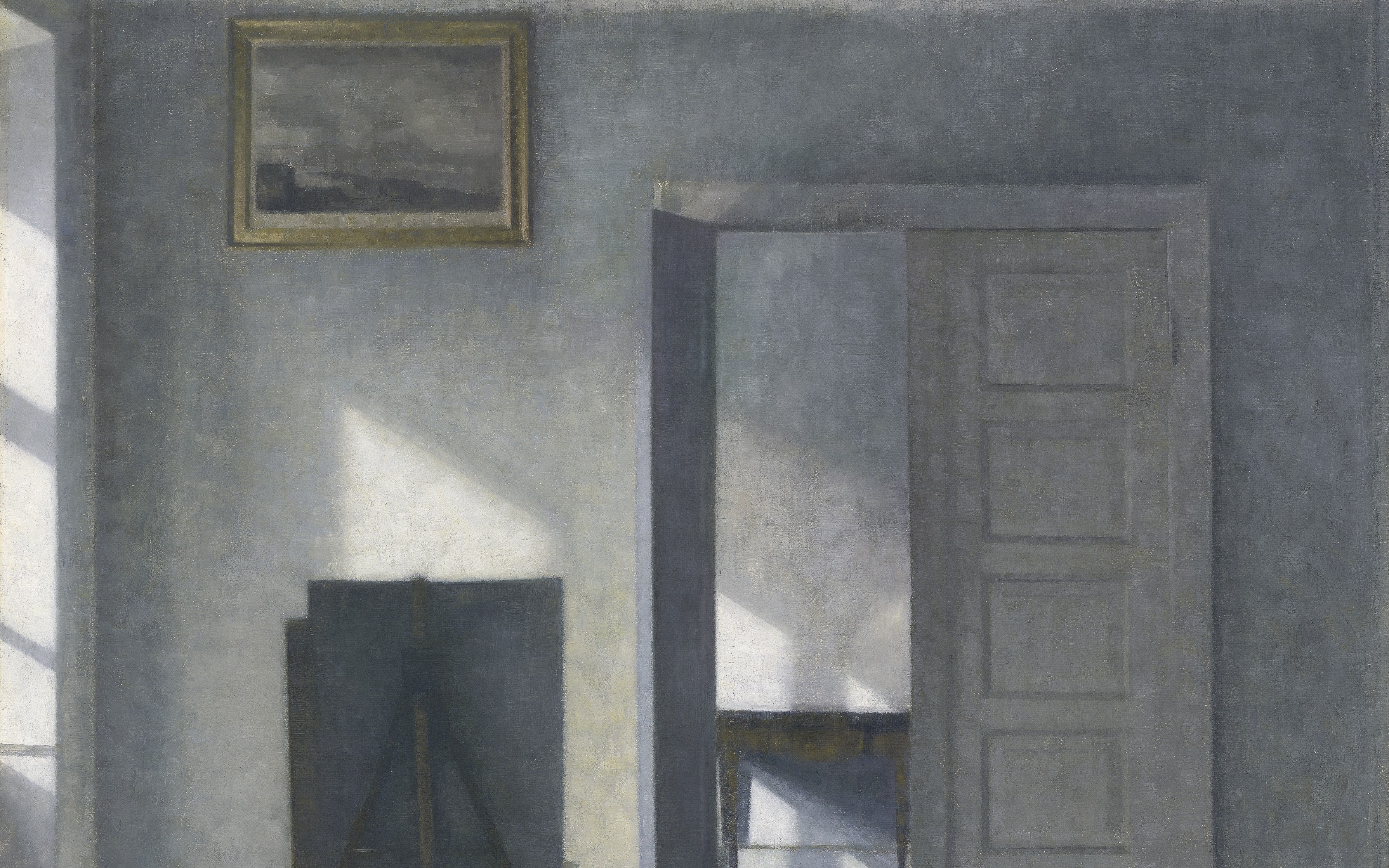 A minimalist painting depicting a serene interior, with a framed landscape hanging on a wall, a doorway, and shadows.