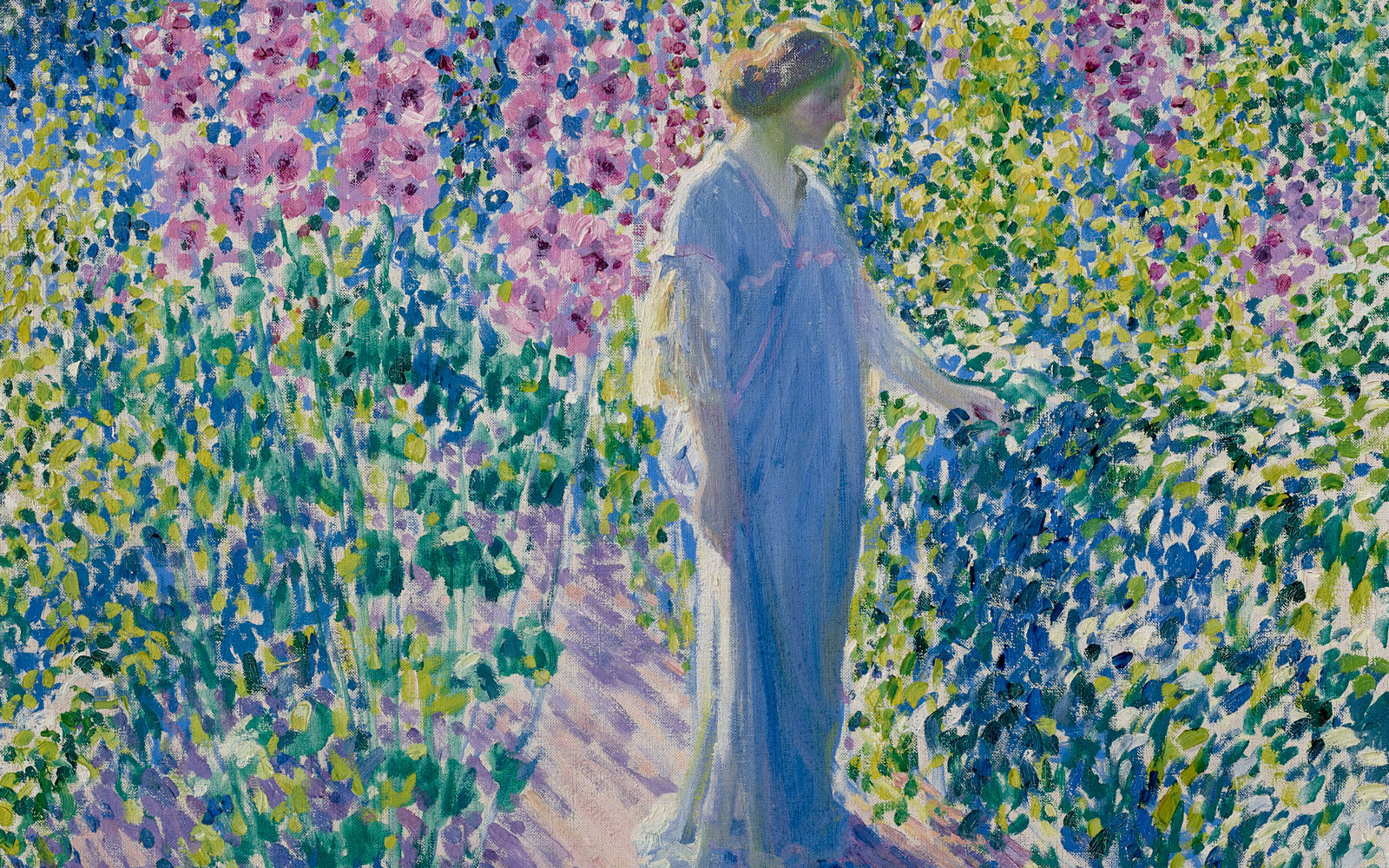 A painting of a woman in blue, walking through a vibrant, colorful flower garden.