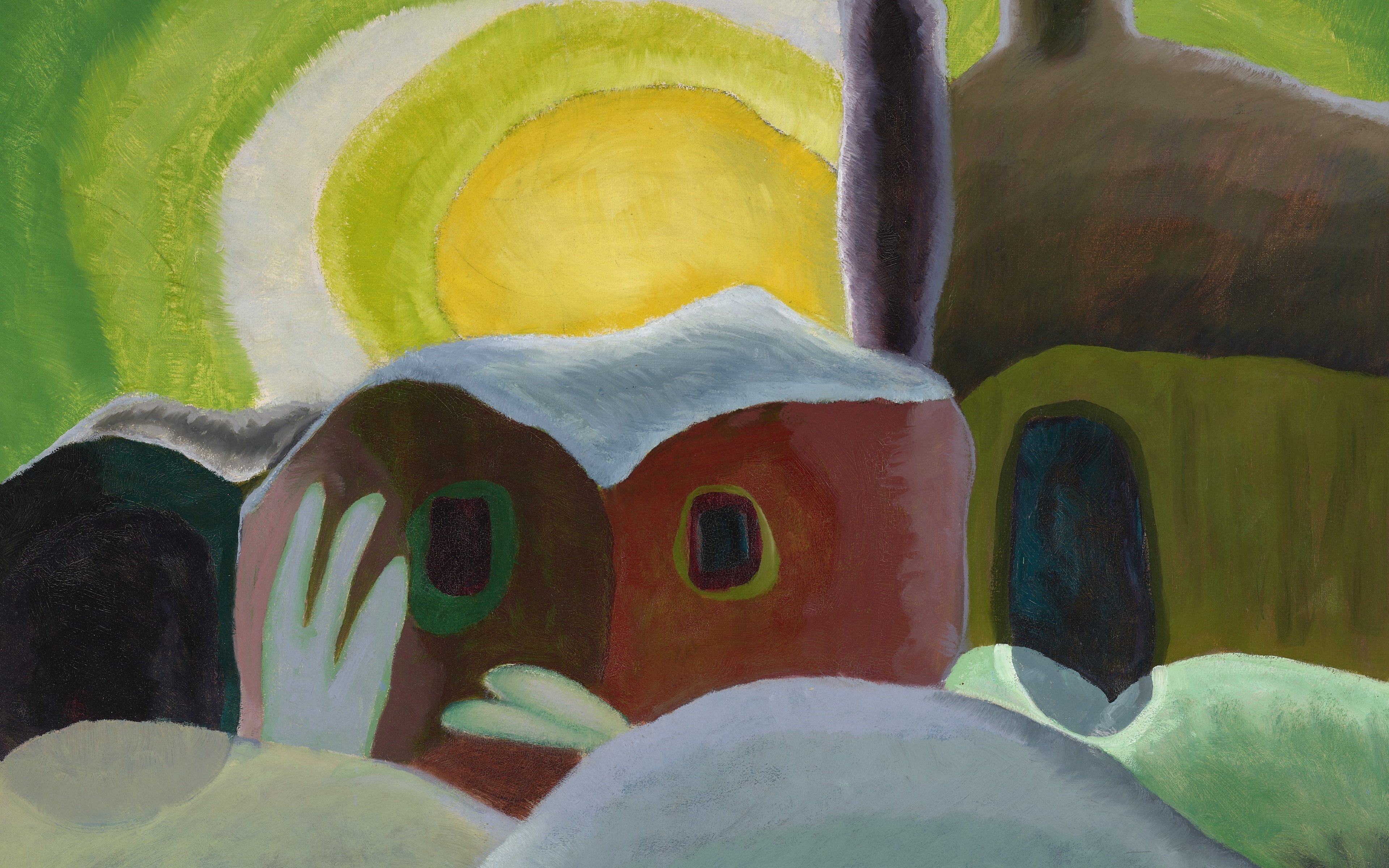 Abstract painting with vibrant, multicolored shapes and a luminous yellow orb at the center.
