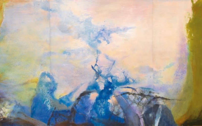 Abstract painting with soft blue and yellow hues blended into a dreamlike swirl of colors, marked by deep blues and vague forms.