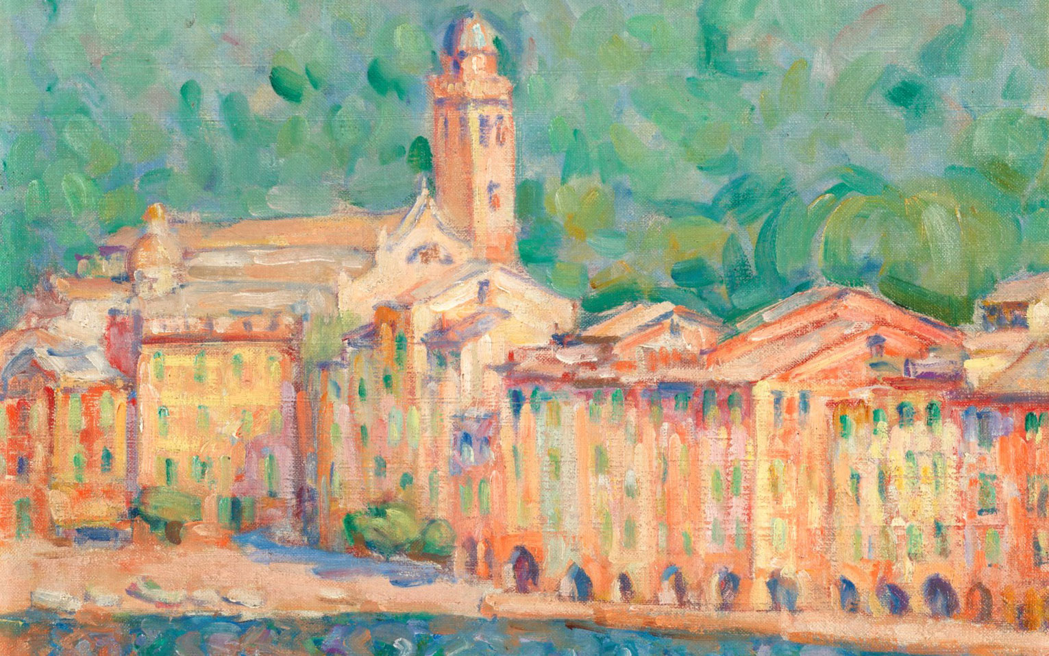 Colorful impressionist painting depicting a European town with a prominent church tower and vibrant building facades.