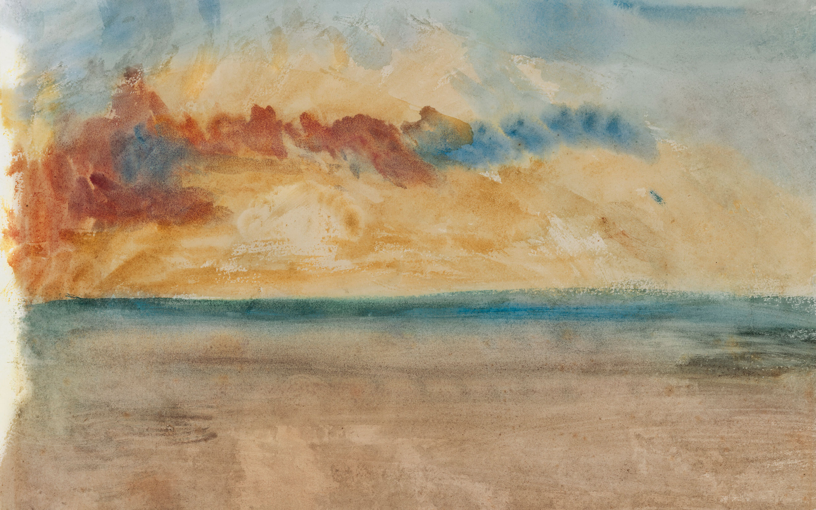 A watercolor painting depicting a vibrant, dramatic sky over a calm sea and barren landscape.