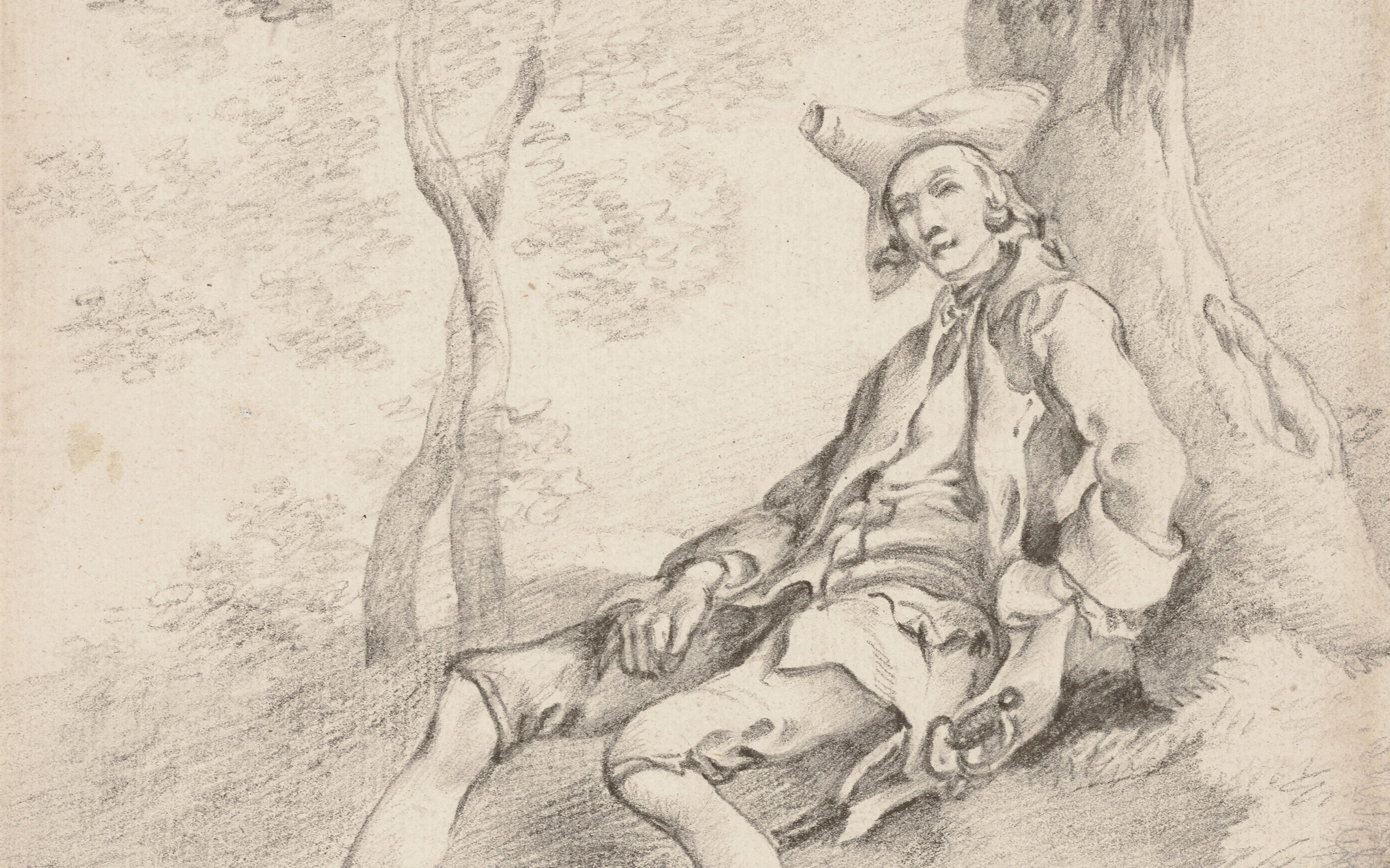 A pencil sketch depicting an individual reclining against a tree in a serene, wooded setting.