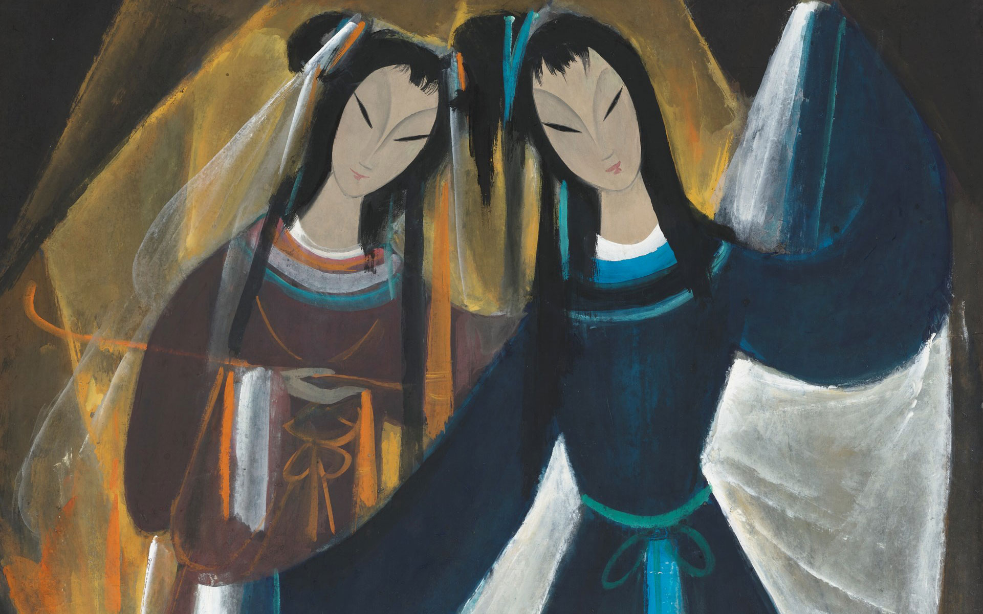 Two stylized figures in traditional Asian attire dance with elongated, fluid gestures against a dark, textured background.
