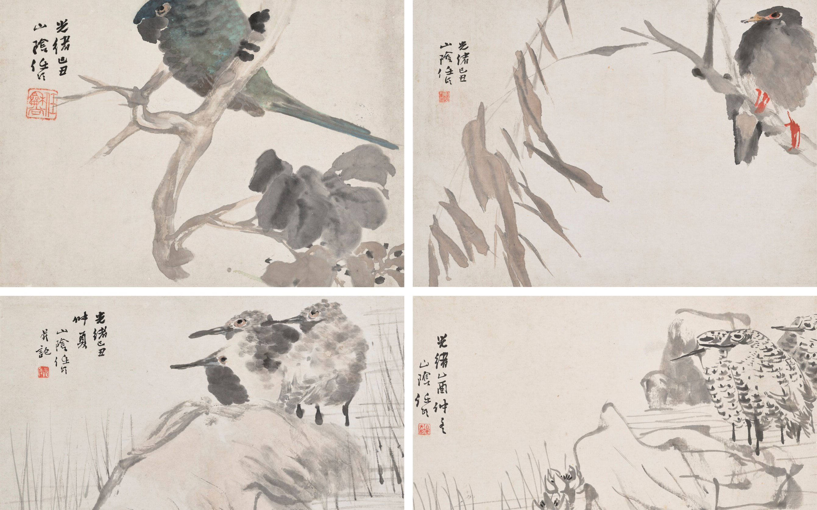A set of four traditional East Asian ink paintings depicting various birds in natural settings, each panel accompanied by calligraphy and red seals.