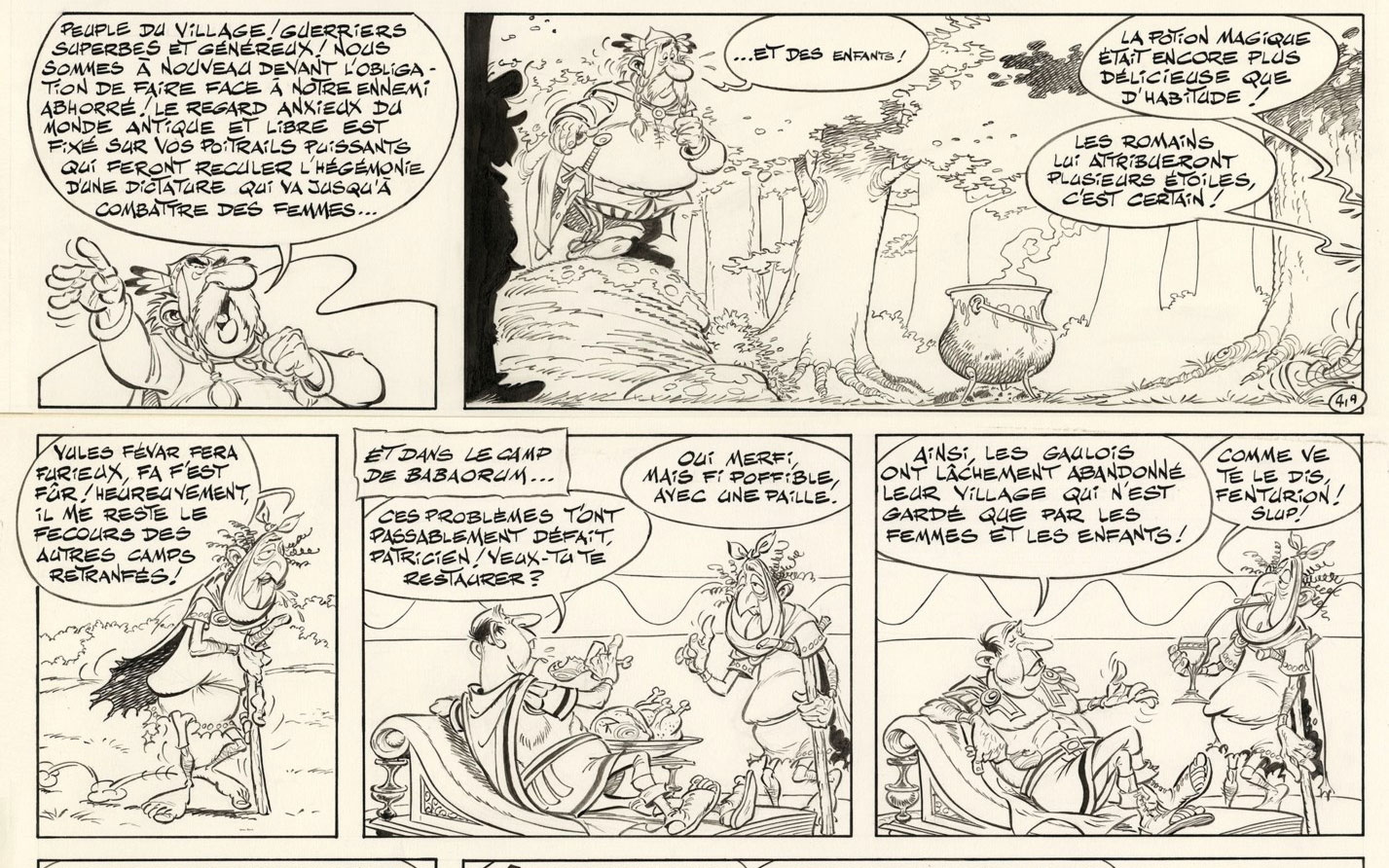 This image depicts a comic strip featuring various scenes, likely from an Asterix comic, where characters engage in humorous dialogue and actions.