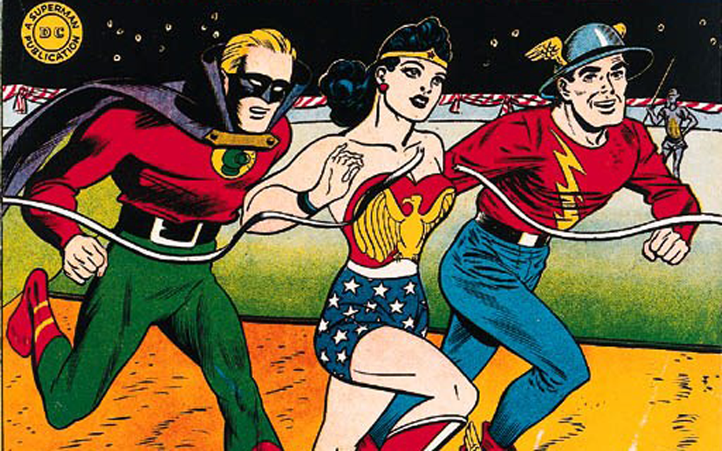 Three superheroes are racing to cross a finish line together in a comic book illustration.