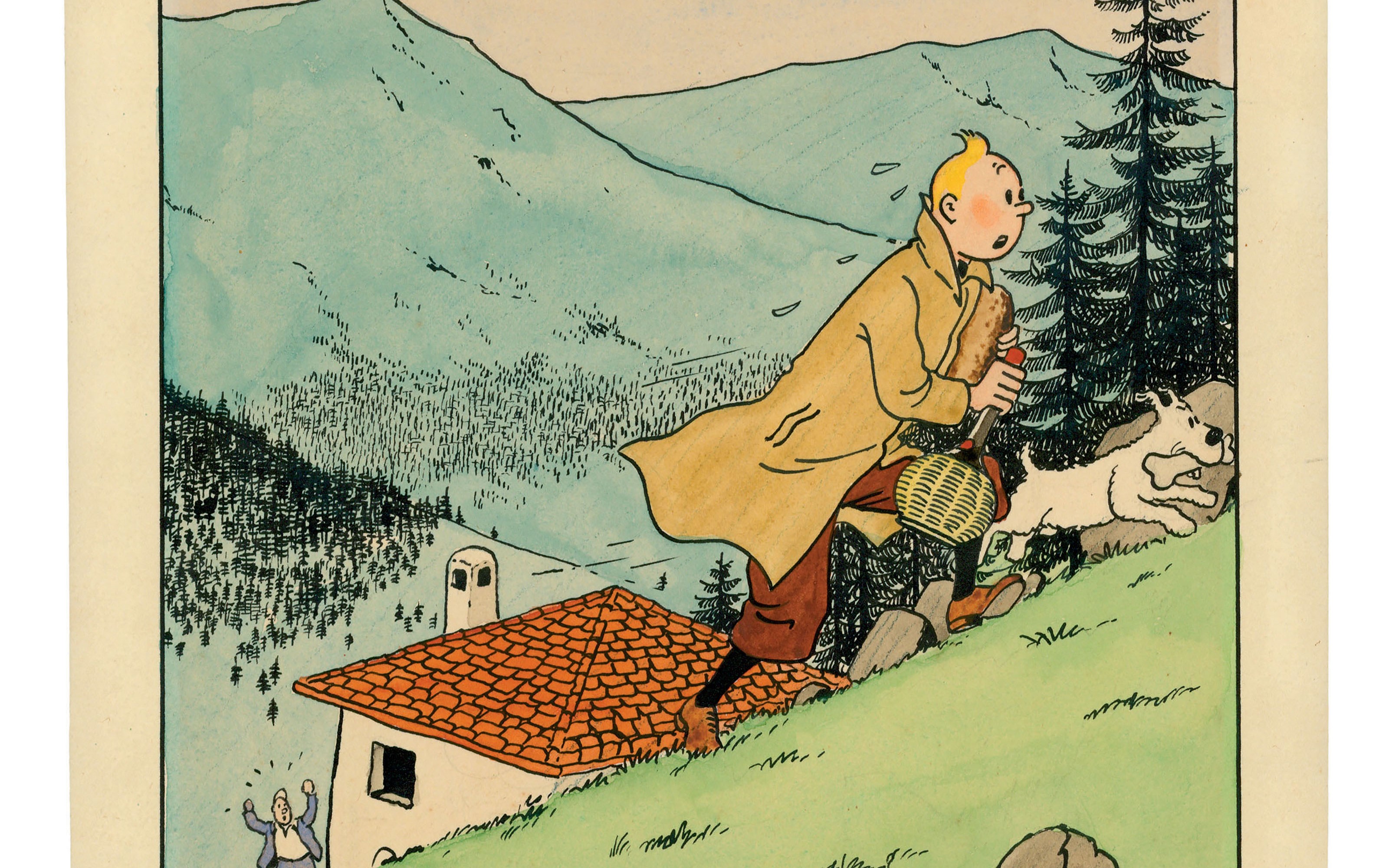 A cartoon image depicts a man walking with a dog in the mountains, carrying a basket and a horn, with a small house below them.