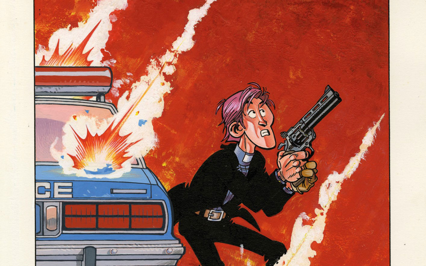An illustrated scene depicting a police car exploding in flames as an individual, holding a firearm, runs toward the viewer, set against a fiery red background.