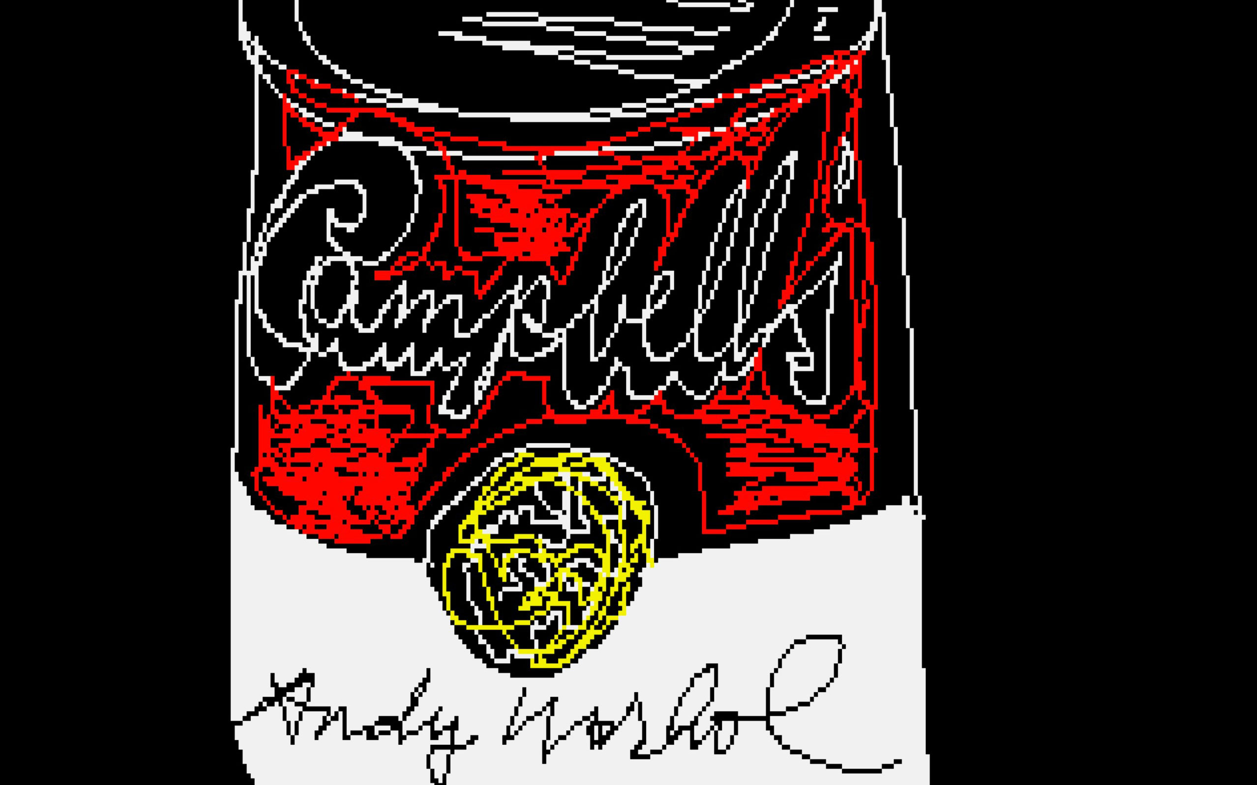 A stylized black and white pixel drawing of a Campbell's soup can with a signature at the bottom.