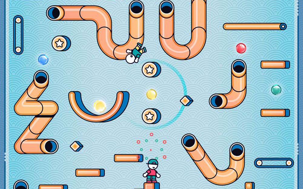 A colorful cartoon-style image showing a game layout with pipes, stars, and balls, featuring two characters interacting with the game elements.