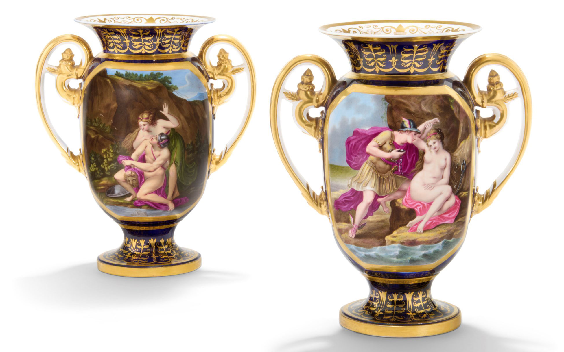 Two ornate vases featuring classical romantic scenes, embellished with gold and navy designs.