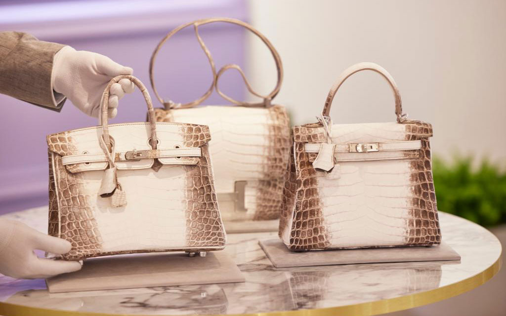 A gloved hand adjusts a luxury crocodile skin bag on a marble table in an elegant display.