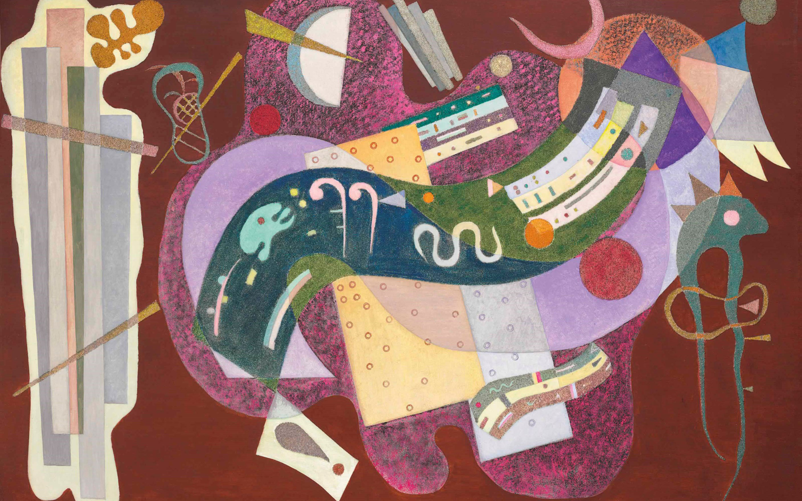 Abstract and colorful composition with various shapes and symbols suggesting music and movement on a textured background.