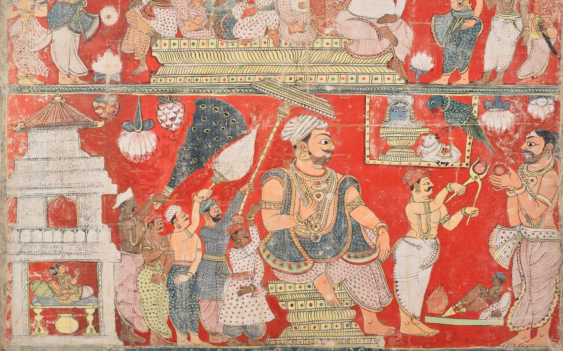 The image depicts a vibrant, traditional Indian artwork featuring multiple figures in various activities and settings, with detailed costumes and architecture.